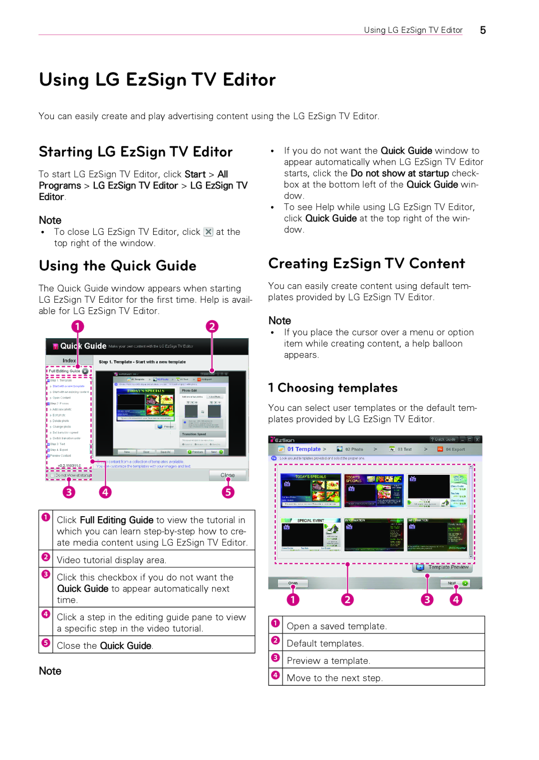 LG Electronics Version 1.0 user manual Using LG EzSign TV Editor, Starting LG EzSign TV Editor, Using the Quick Guide 