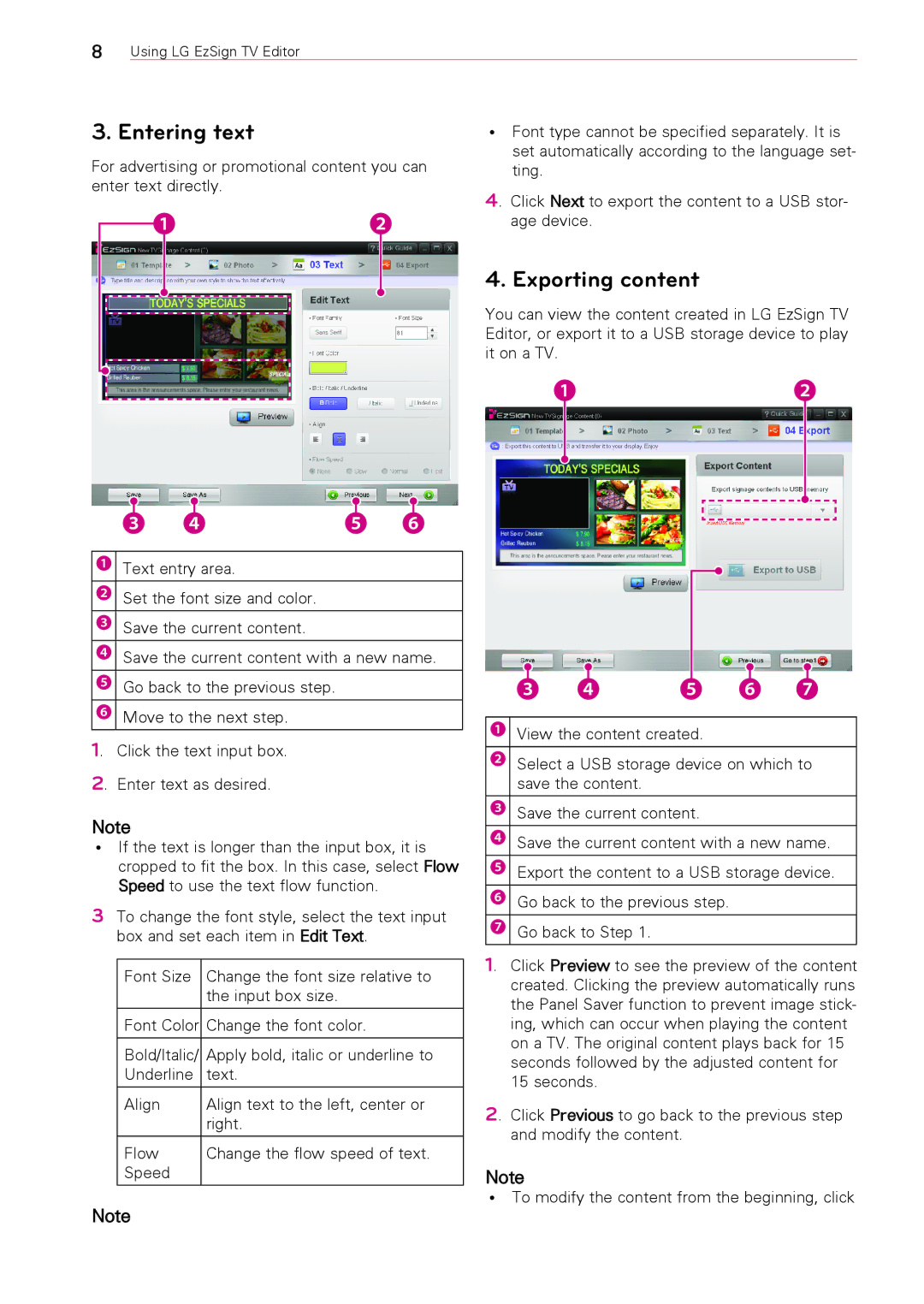 LG Electronics Version 1.0 user manual Entering text, Exporting content 