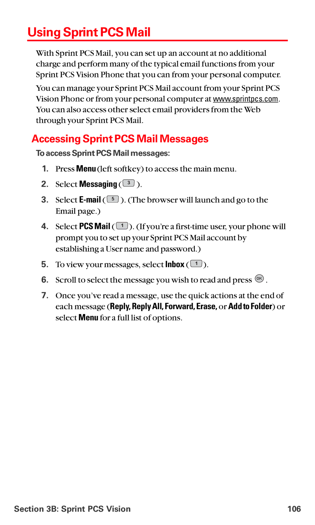 LG Electronics VI-5225 Using Sprint PCS Mail, Accessing Sprint PCS Mail Messages, Select PCS Mail, Sprint PCS Vision 106 