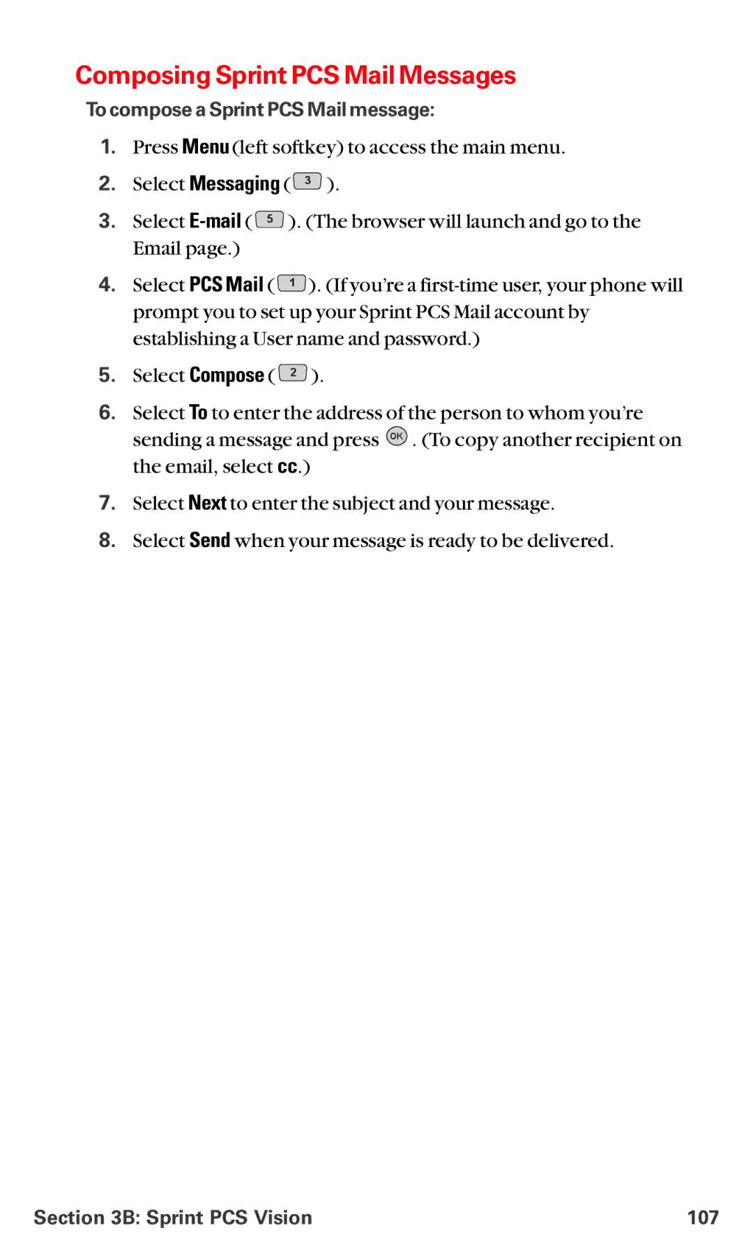 LG Electronics VI-5225 Composing Sprint PCS Mail Messages, To compose a Sprint PCS Mail message, Sprint PCS Vision 107 