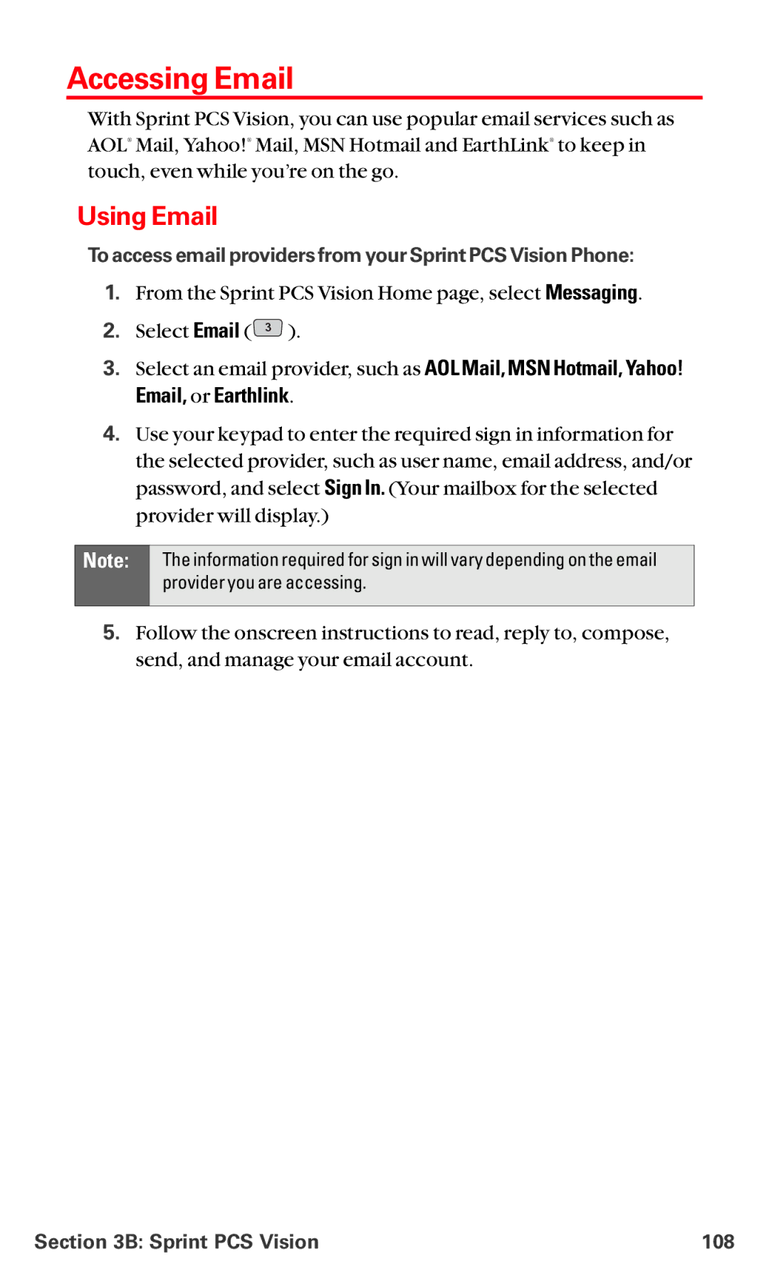 LG Electronics VI-5225 manual Accessing Email, Using Email, To access email providers from your Sprint PCS Vision Phone 