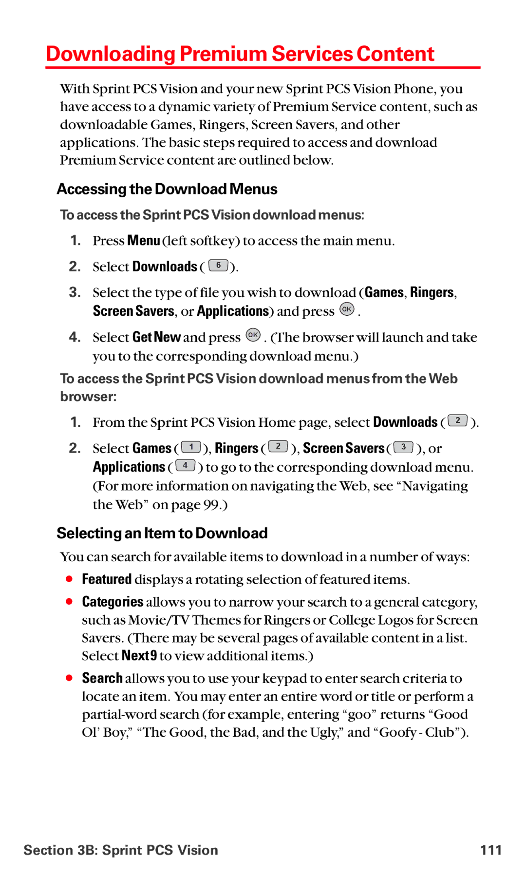 LG Electronics VI-5225 Downloading Premium Services Content, Accessing the Download Menus, Selecting an Item to Download 