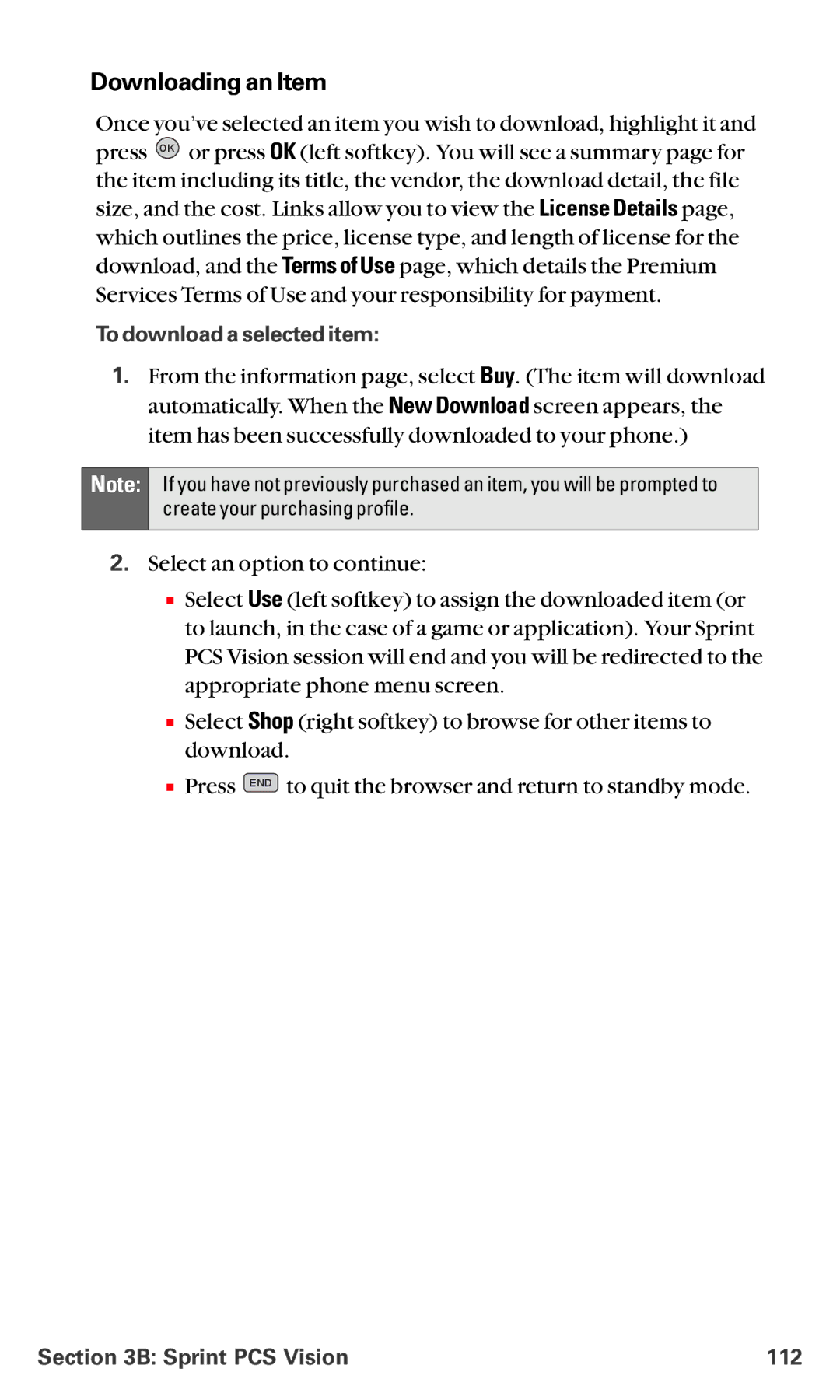 LG Electronics VI-5225 manual Downloading an Item, To download a selected item, Sprint PCS Vision 112 