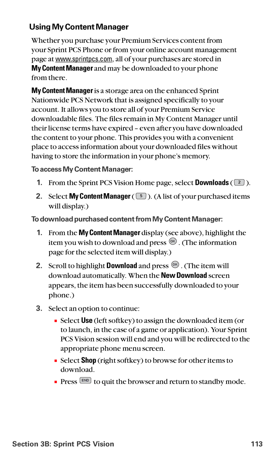 LG Electronics VI-5225 manual Using My Content Manager, To access My Content Manager, Sprint PCS Vision 113 