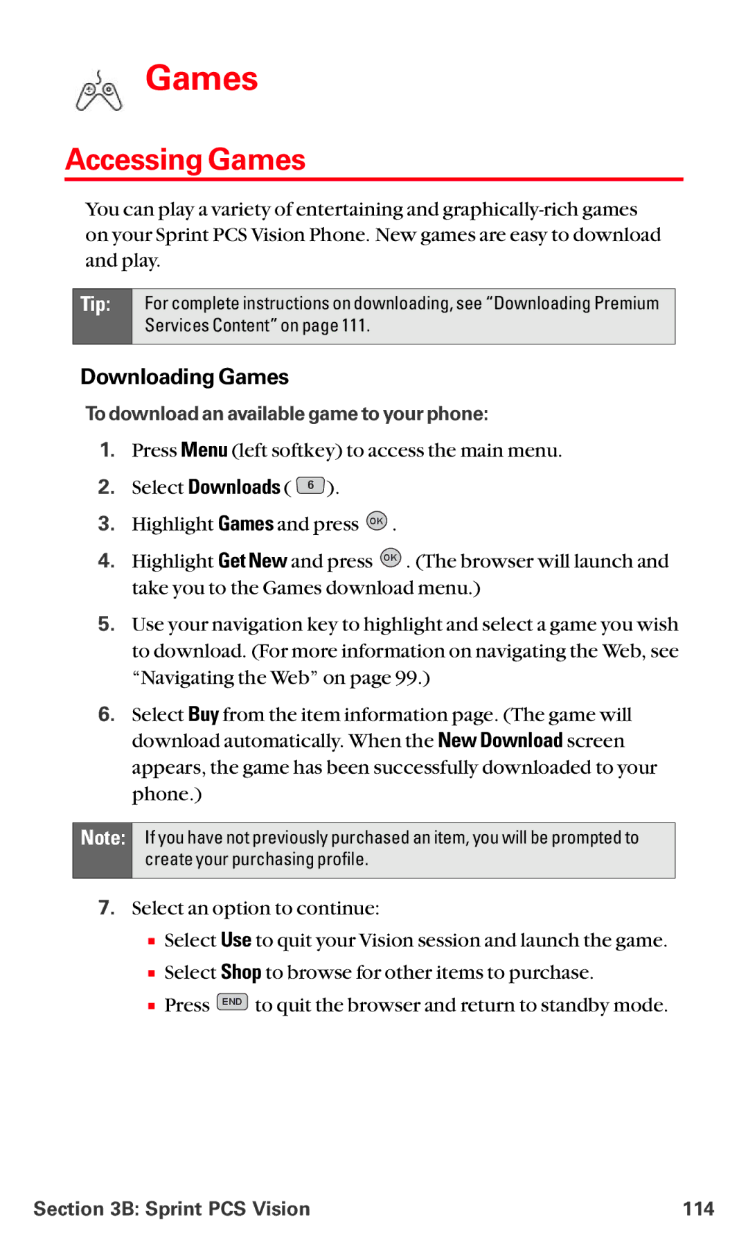 LG Electronics VI-5225 manual Accessing Games, Downloading Games, To download an available game to your phone 