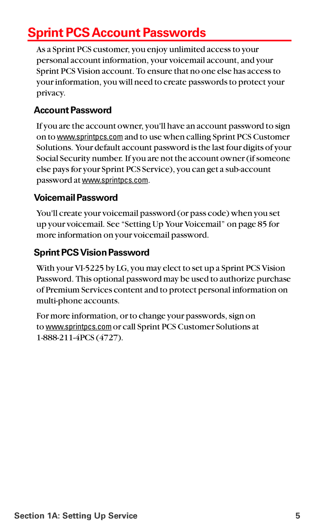 LG Electronics VI-5225 manual Sprint PCS Account Passwords, Account Password Voicemail Password, Sprint PCS Vision Password 