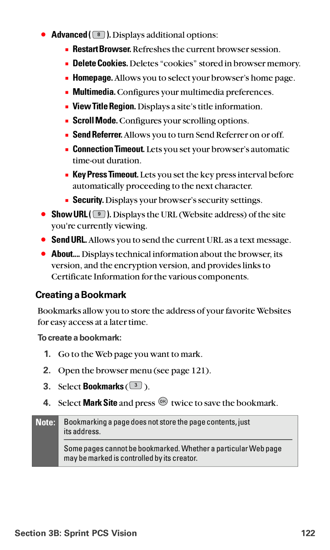 LG Electronics VI-5225 manual Creating a Bookmark, To create a bookmark, Sprint PCS Vision 122 