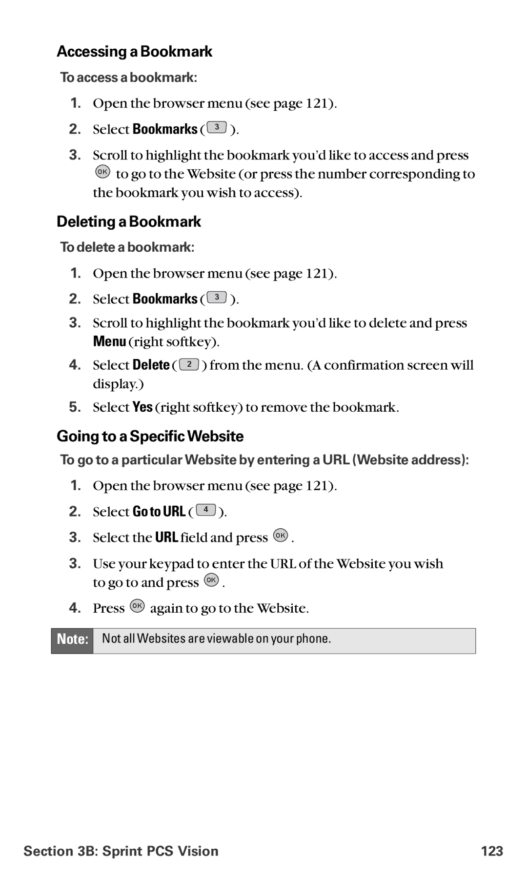 LG Electronics VI-5225 manual Accessing a Bookmark, Deleting a Bookmark, Going to a Specific Website 