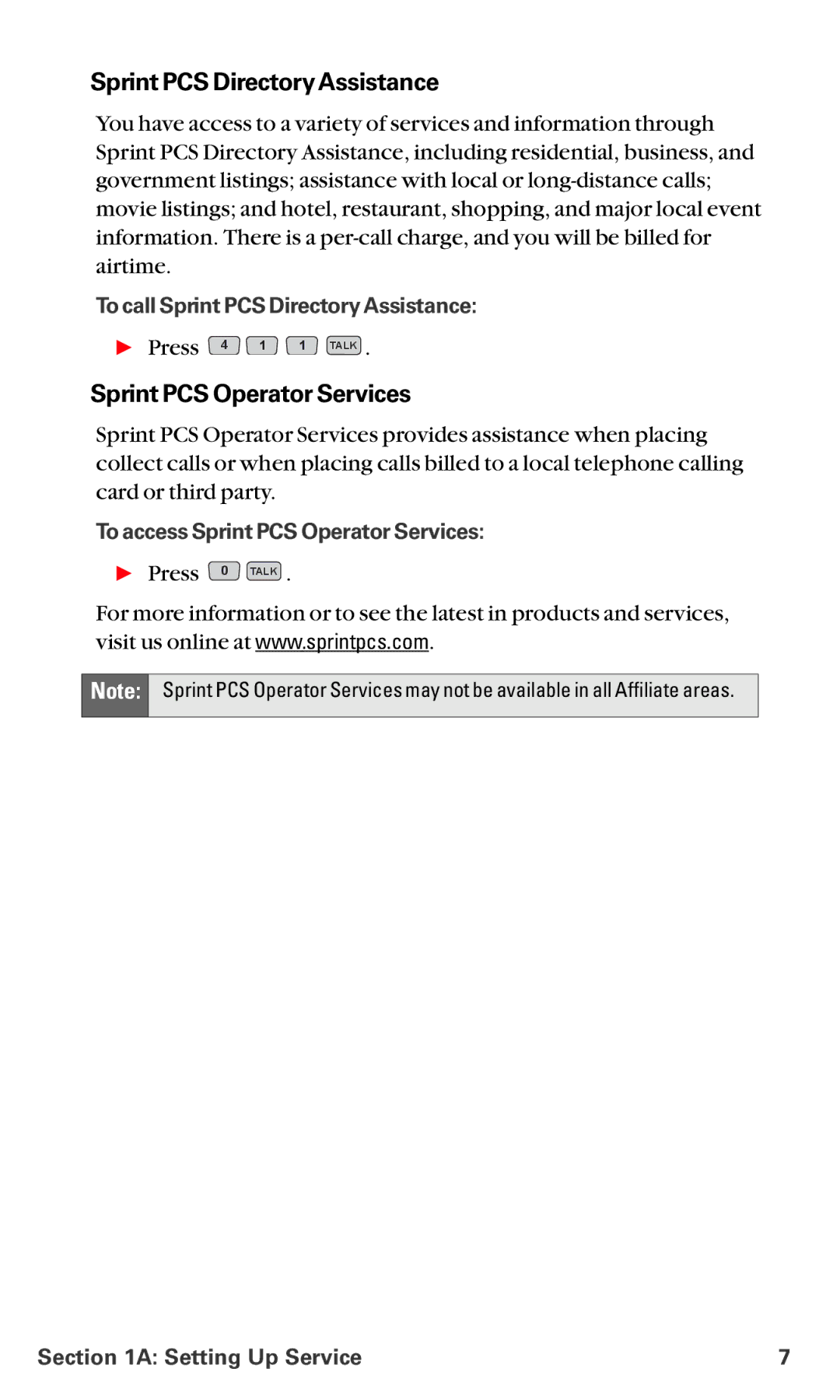 LG Electronics VI-5225 manual Sprint PCS Directory Assistance, Sprint PCS Operator Services 