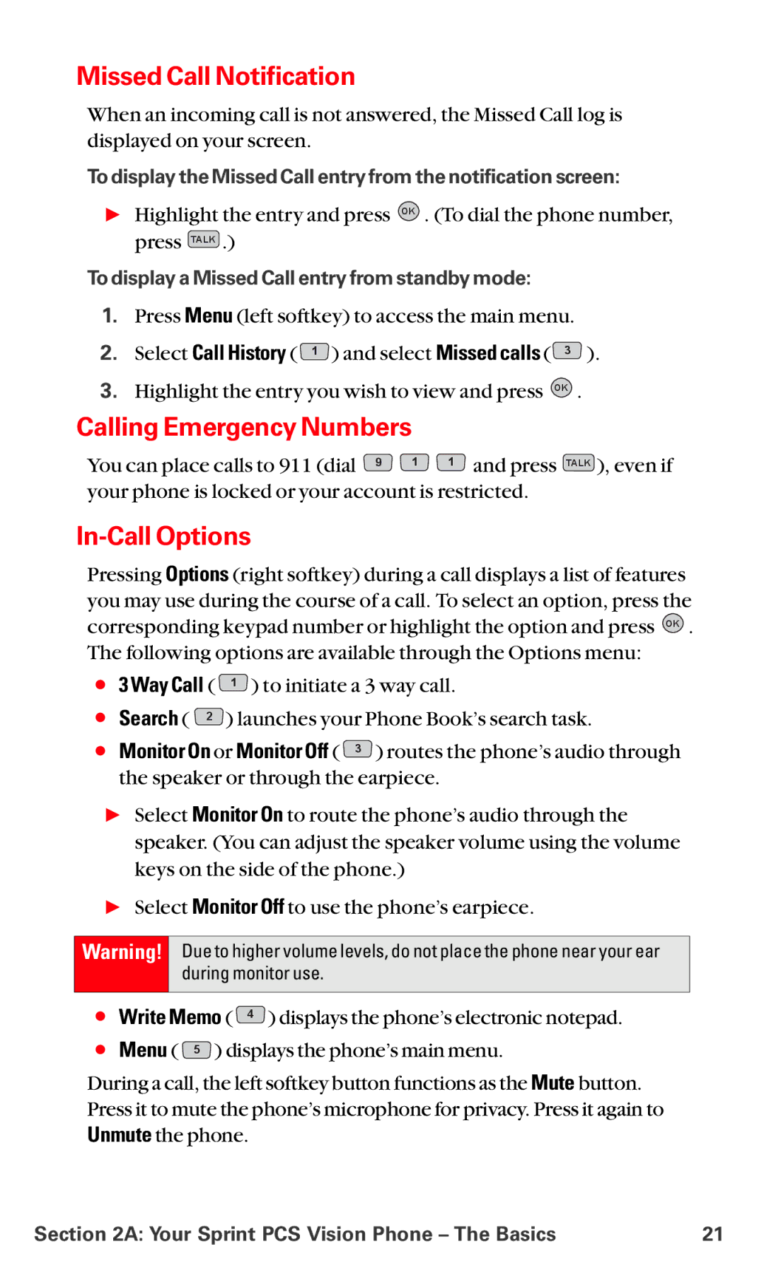 LG Electronics VI-5225 manual Missed Call Notification, Calling Emergency Numbers, In-Call Options, Search 