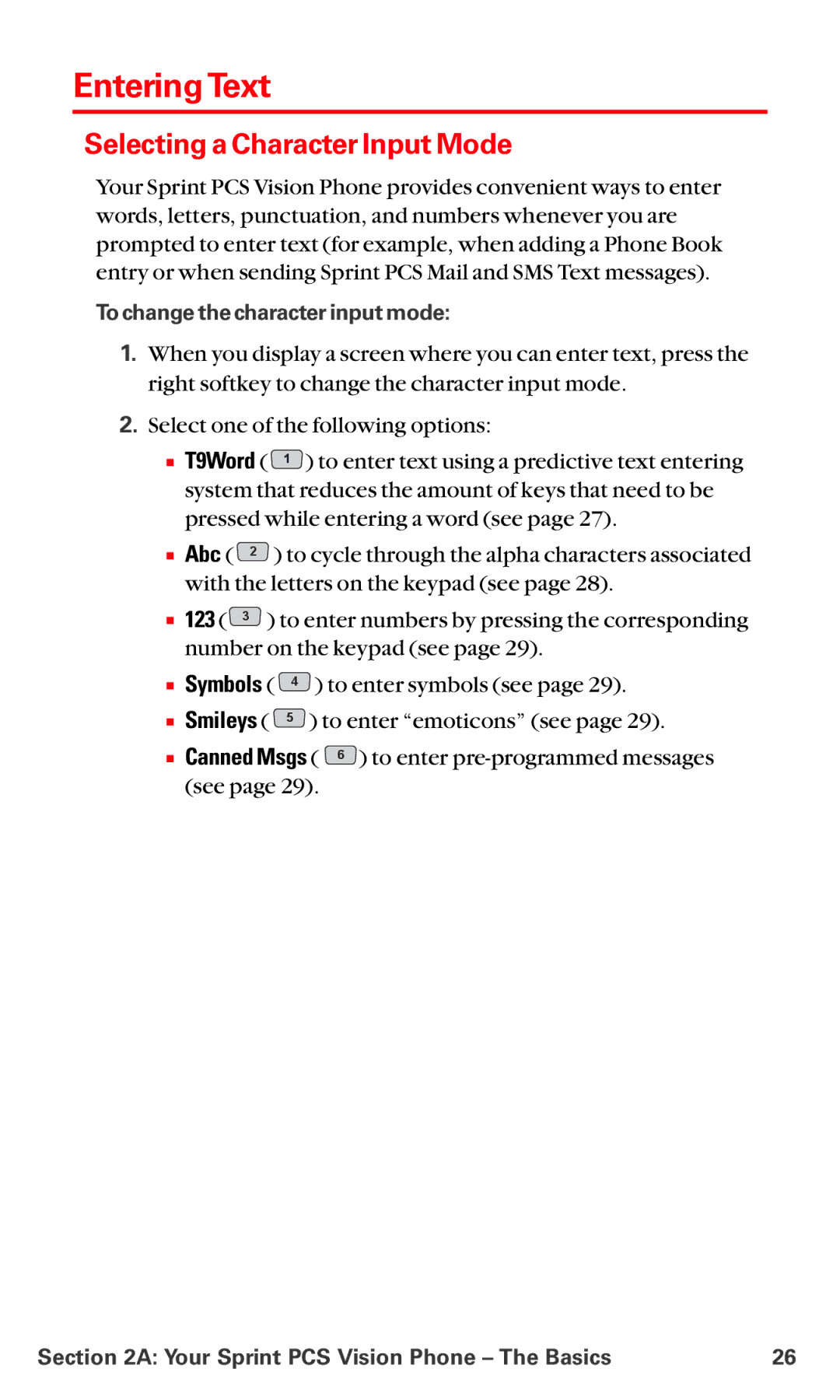 LG Electronics VI-5225 manual Entering Text, Selecting a Character Input Mode, To change the character input mode 