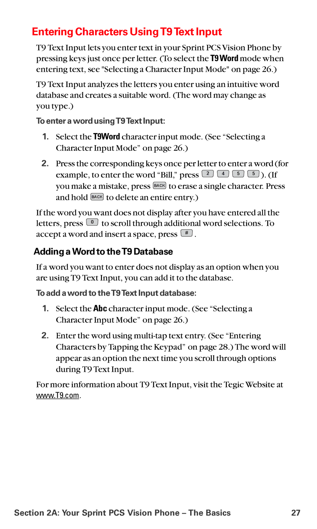 LG Electronics VI-5225 manual Entering Characters Using T9 Text Input, Adding a Word to theT9 Database 