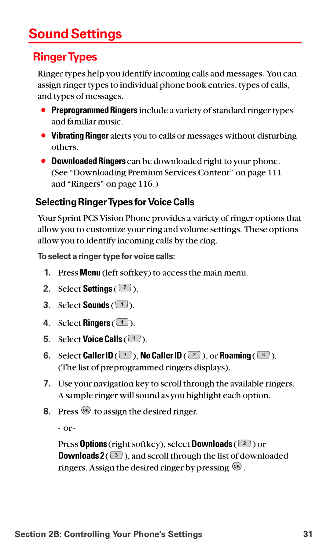 LG Electronics VI-5225 manual Sound Settings, Ringer Types, Selecting RingerTypes for Voice Calls 