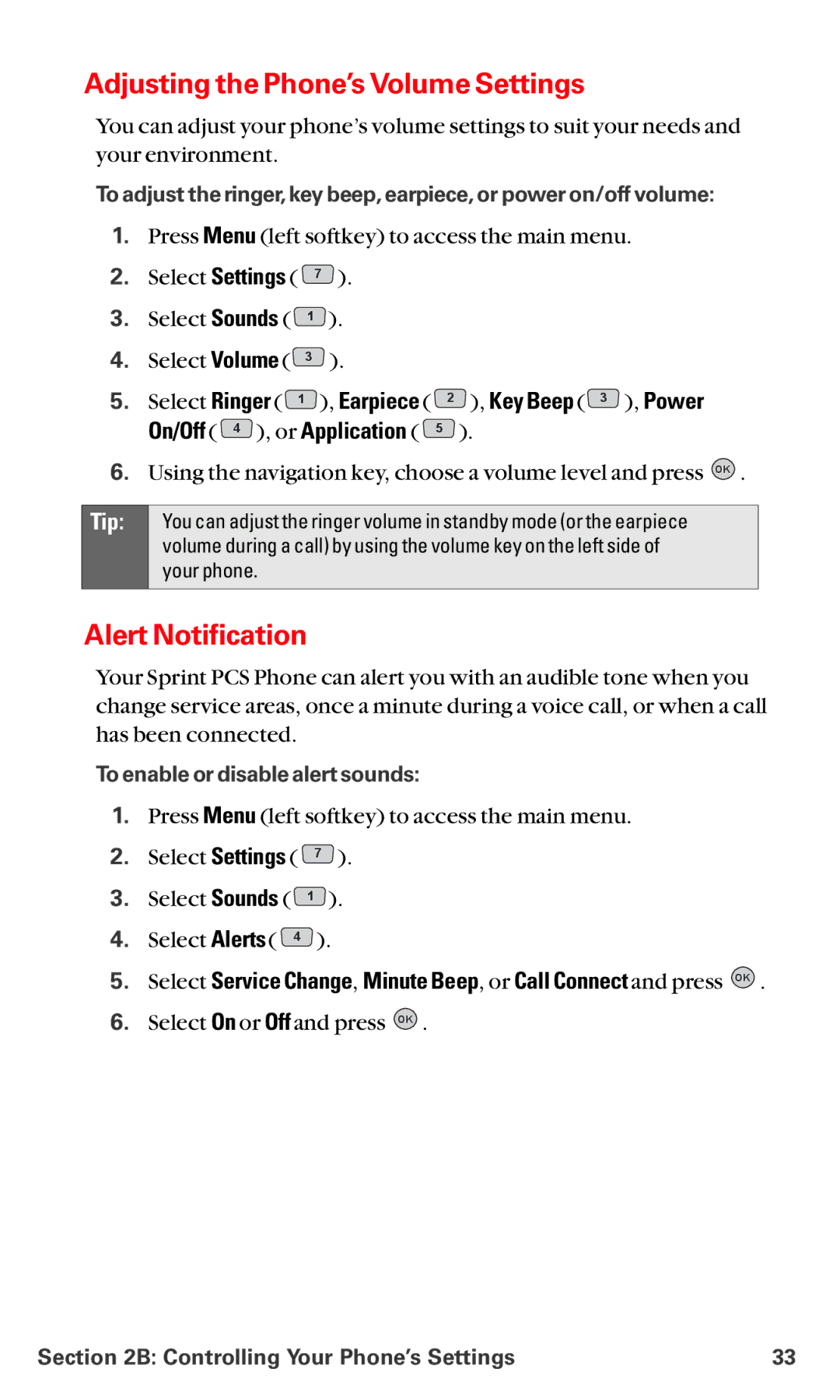 LG Electronics VI-5225 manual Adjusting the Phone’s Volume Settings, Alert Notification, To enable or disable alert sounds 