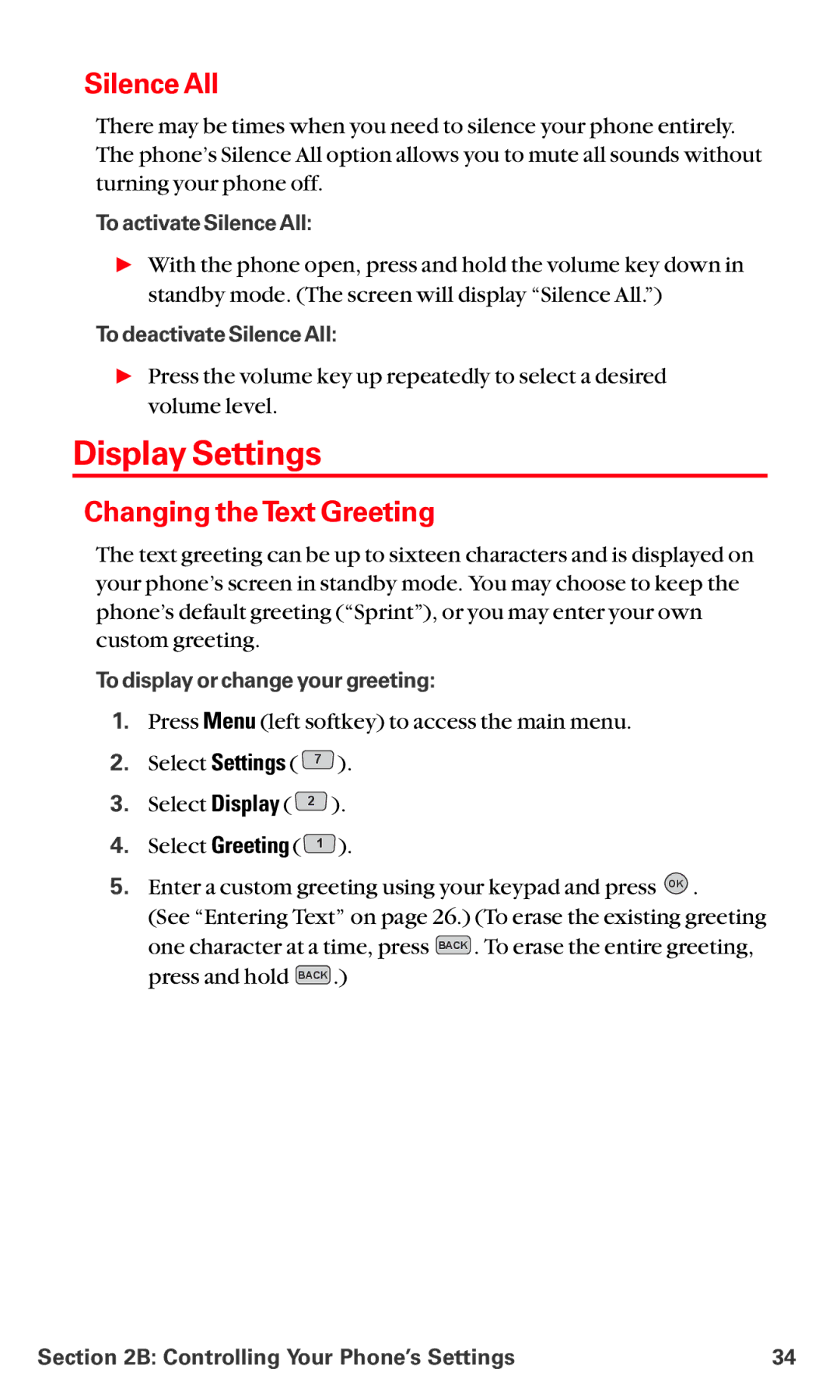 LG Electronics VI-5225 manual Display Settings, Silence All, Changing the Text Greeting 