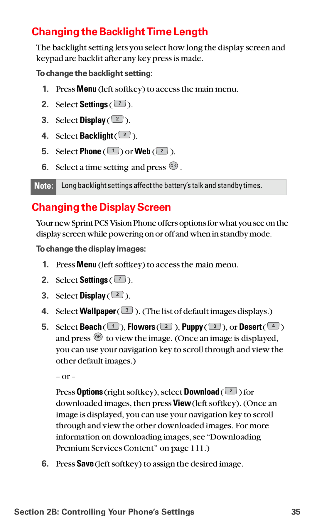 LG Electronics VI-5225 Changing the BacklightTime Length, Changing the Display Screen, Flowers 2 , Puppy 3 , or Desert 