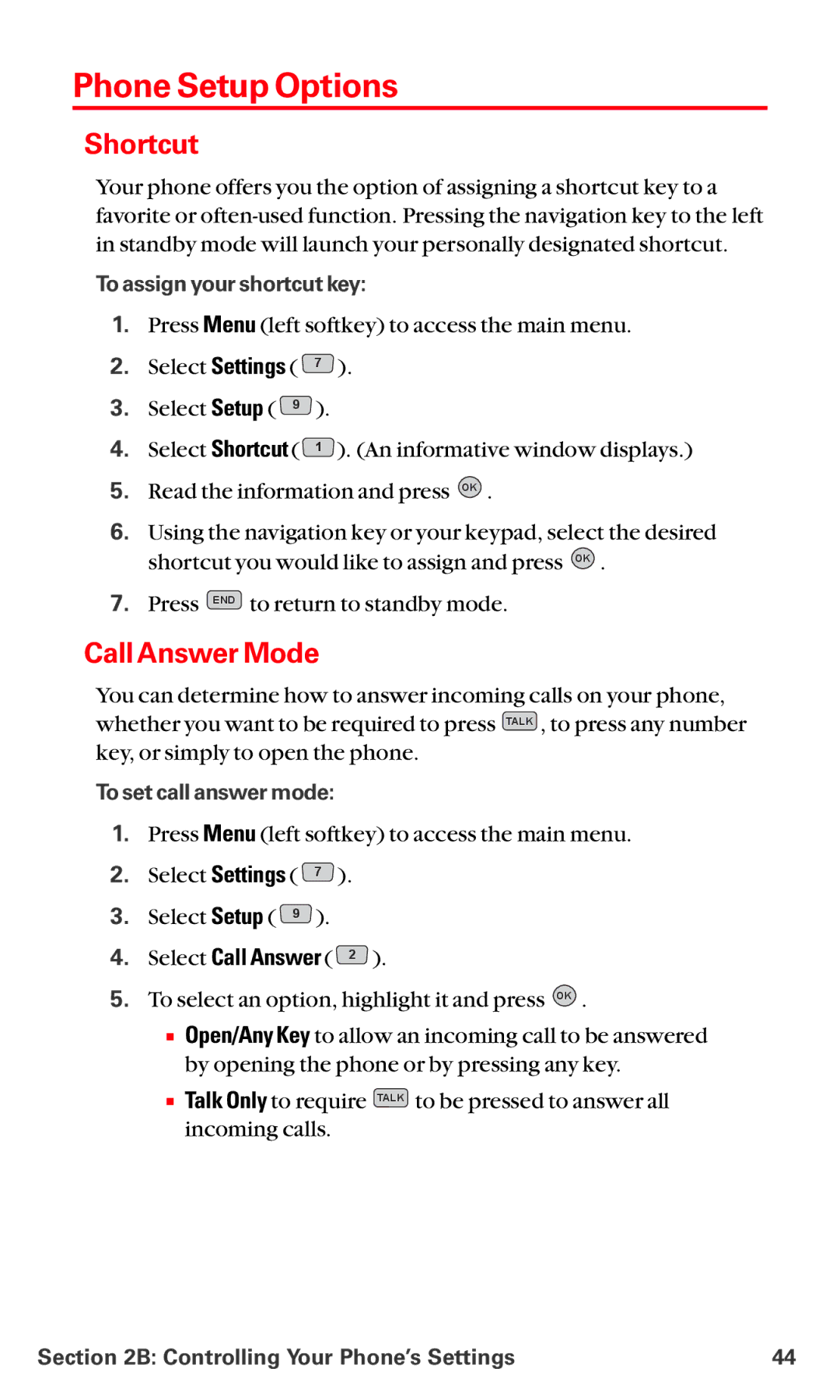 LG Electronics VI-5225 manual Phone Setup Options, Shortcut, Call Answer Mode, Select Call Answer 