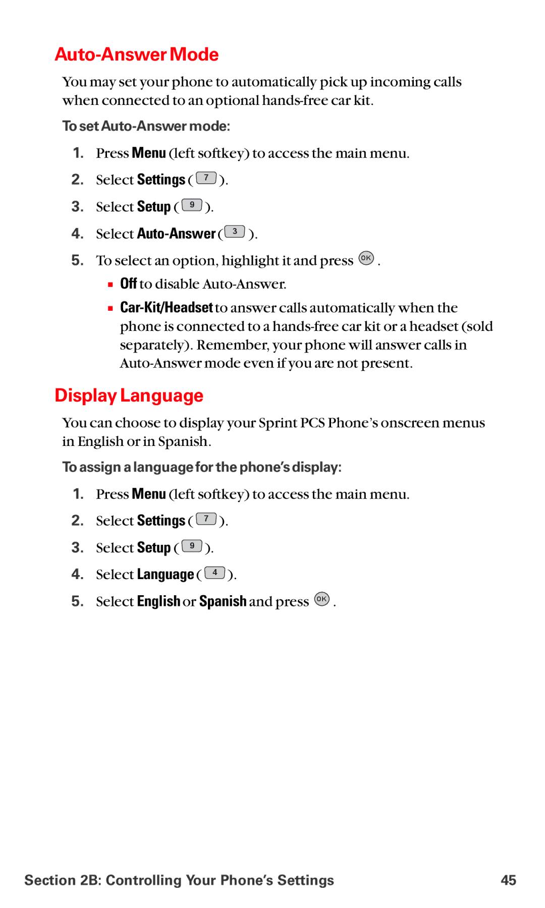 LG Electronics VI-5225 manual Auto-Answer Mode, Display Language, Select Auto-Answer, To set Auto-Answer mode 