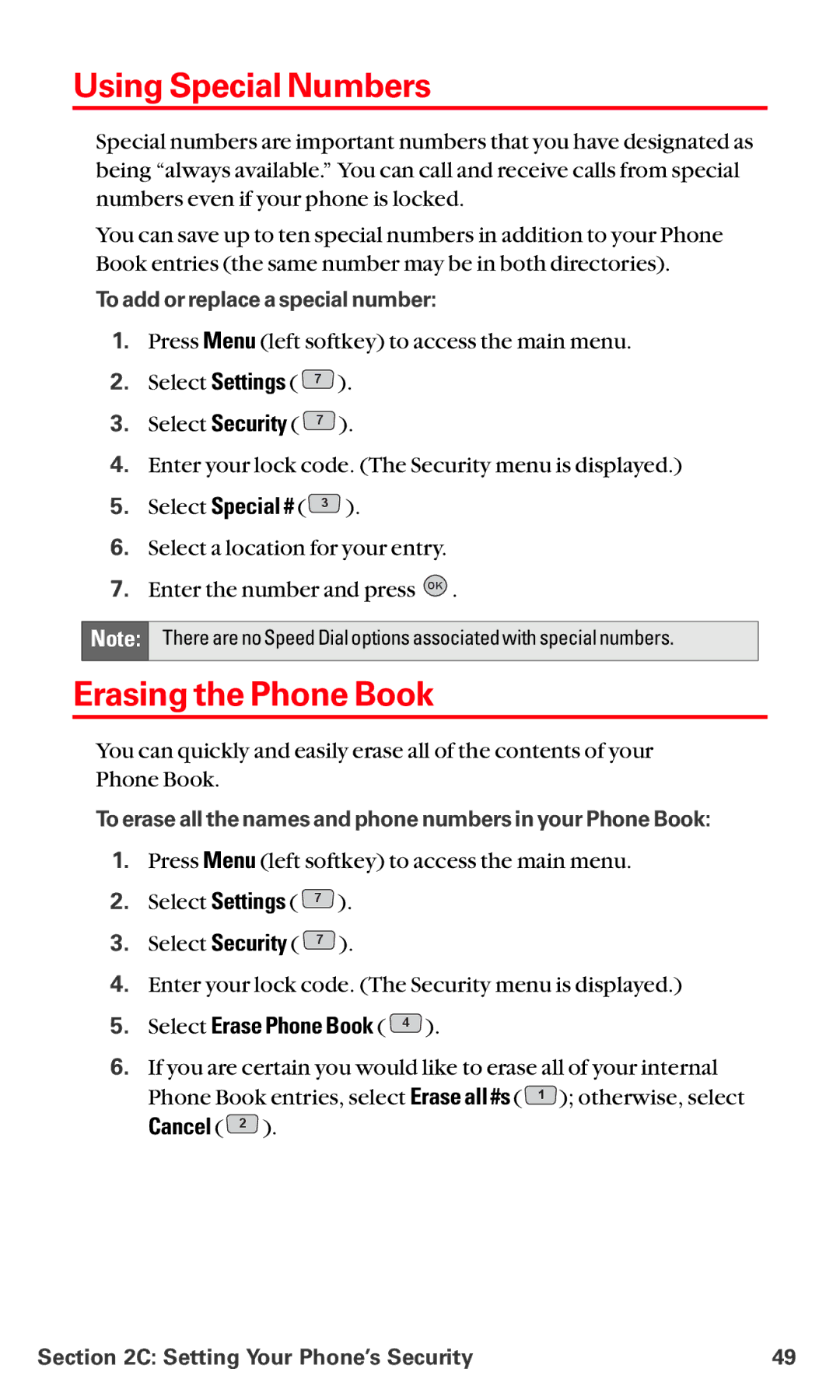 LG Electronics VI-5225 manual Using Special Numbers, Erasing the Phone Book, Select Erase Phone Book 