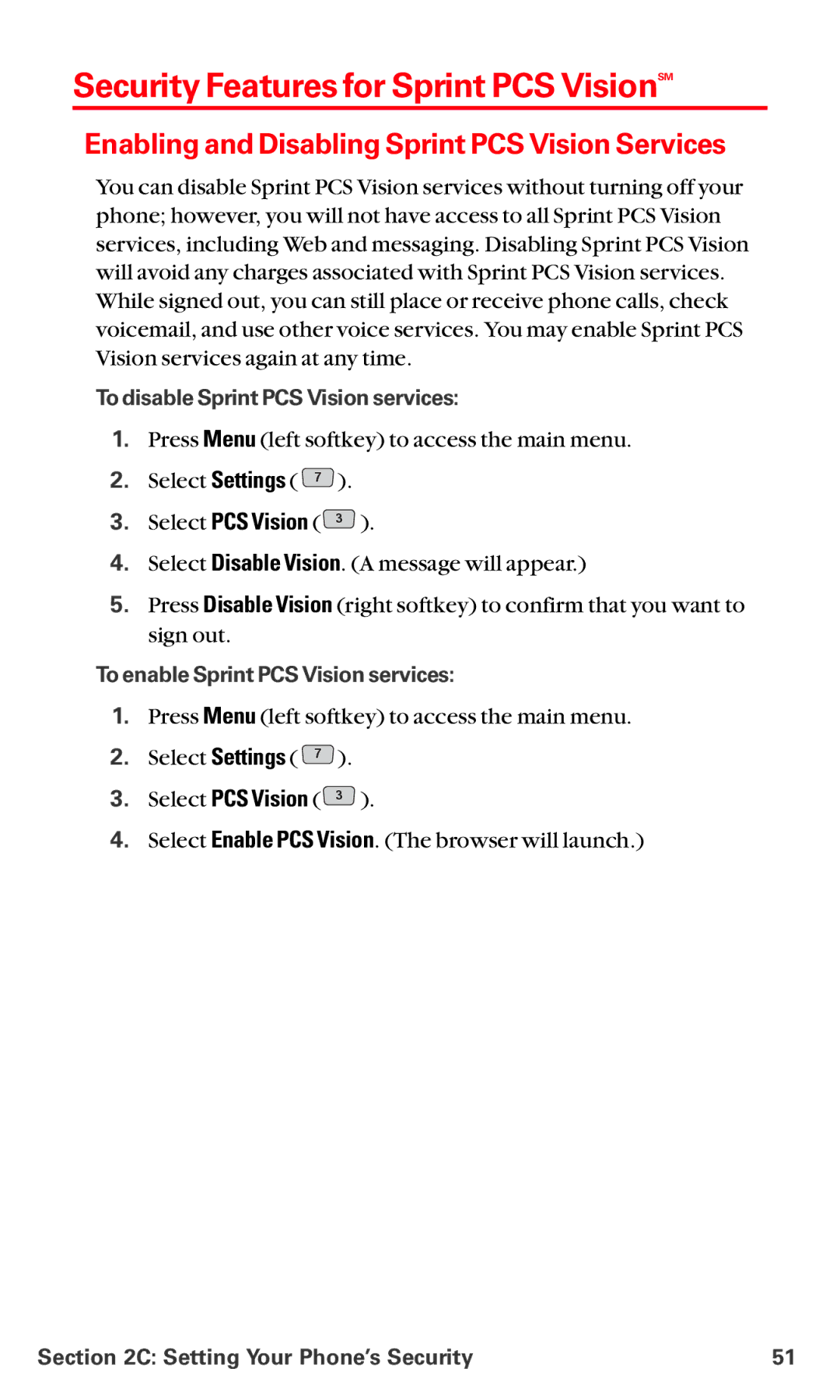 LG Electronics VI-5225 manual Security Features for Sprint PCS VisionSM, Enabling and Disabling Sprint PCS Vision Services 