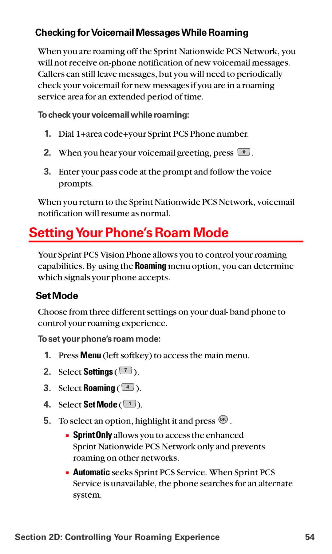 LG Electronics VI-5225 manual Setting Your Phone’s Roam Mode, Checking for Voicemail Messages While Roaming, Set Mode 