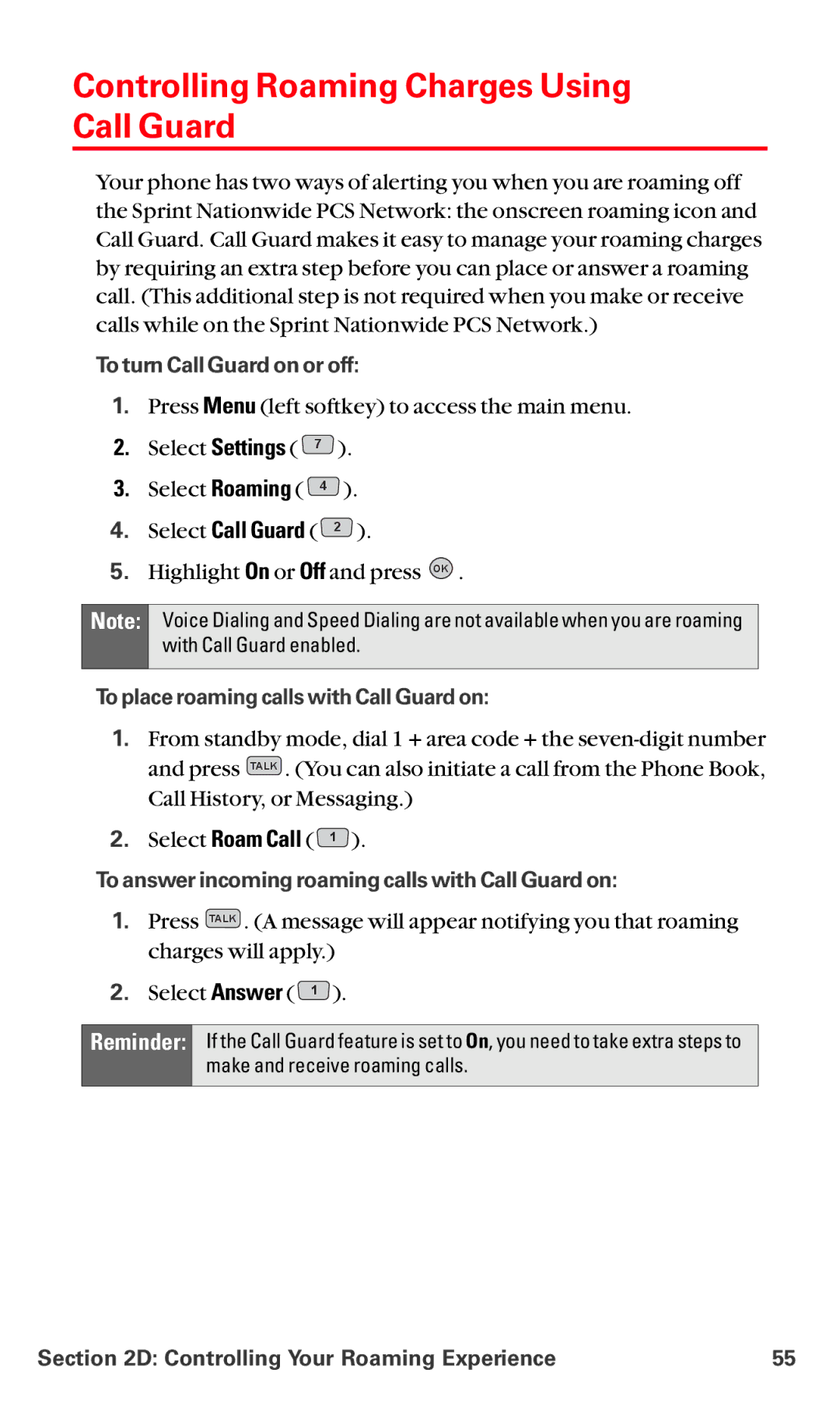 LG Electronics VI-5225 manual Controlling Roaming Charges Using Call Guard, To turn Call Guard on or off 