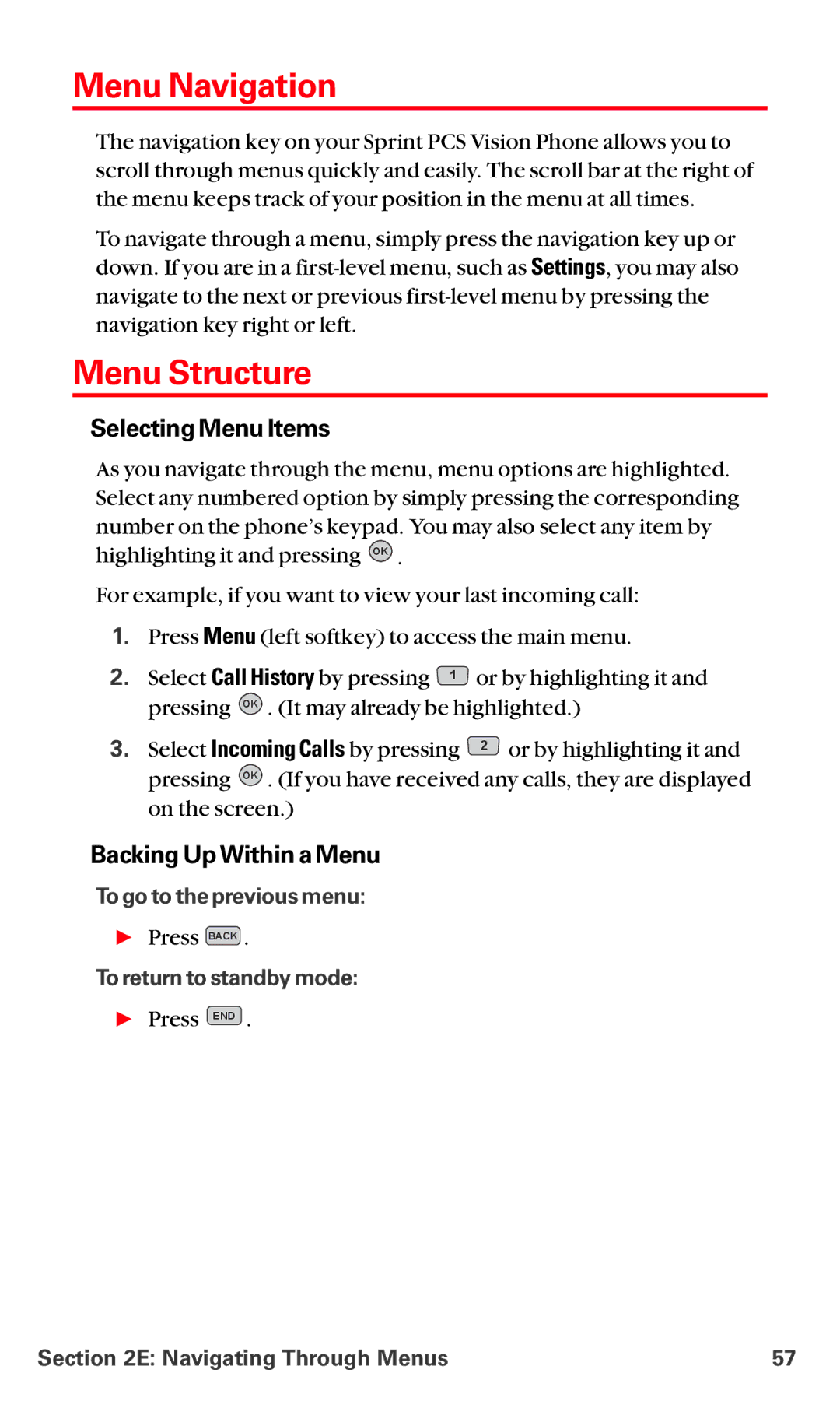 LG Electronics VI-5225 manual Menu Navigation, Menu Structure, Selecting Menu Items, Backing Up Within a Menu 