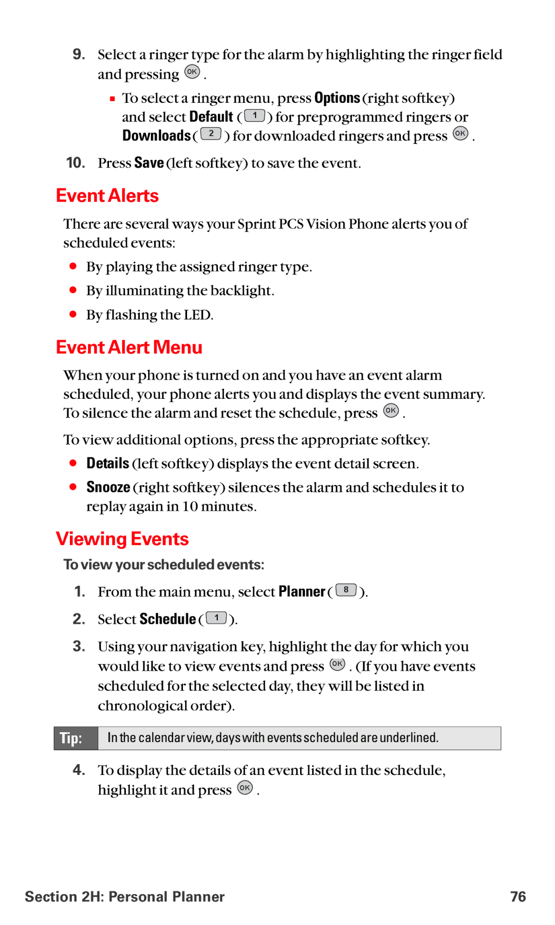 LG Electronics VI-5225 manual Event Alerts, Event Alert Menu, Viewing Events, To view your scheduled events 