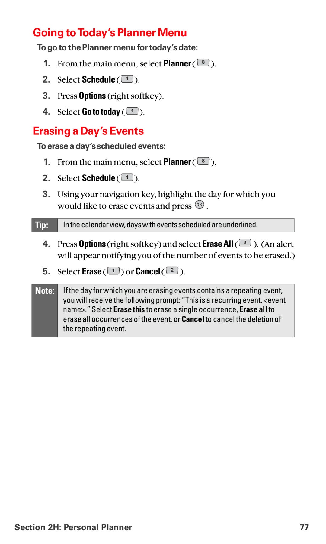 LG Electronics VI-5225 manual Going to Today’s Planner Menu, Erasing a Day’s Events, Select Go to today 