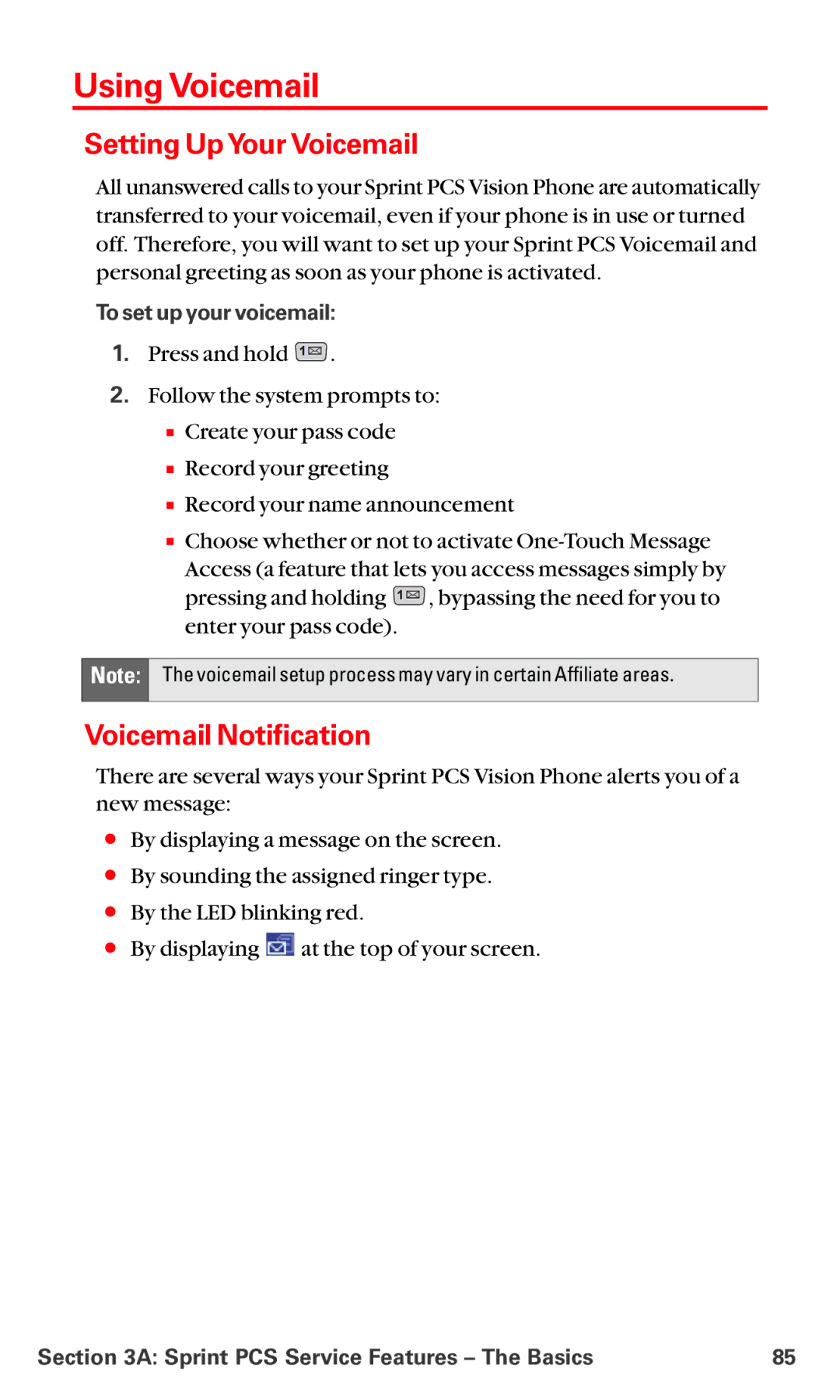 LG Electronics VI-5225 manual Using Voicemail, Setting UpYour Voicemail, Voicemail Notification 