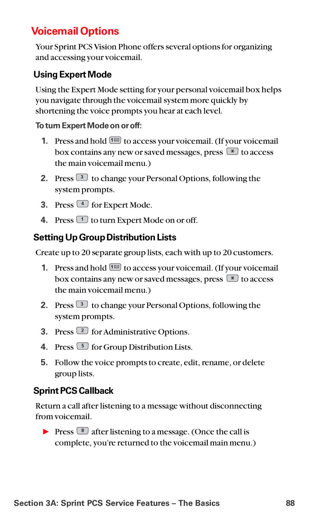 LG Electronics VI-5225 Voicemail Options, Using Expert Mode, Setting Up Group Distribution Lists, Sprint PCS Callback 