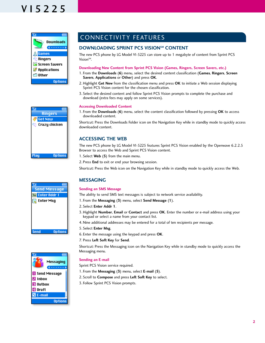 LG Electronics VI5225 manual Connectivity Features, Downloading Sprint PCS Visionsm Content, Accessing the WEB, Messaging 