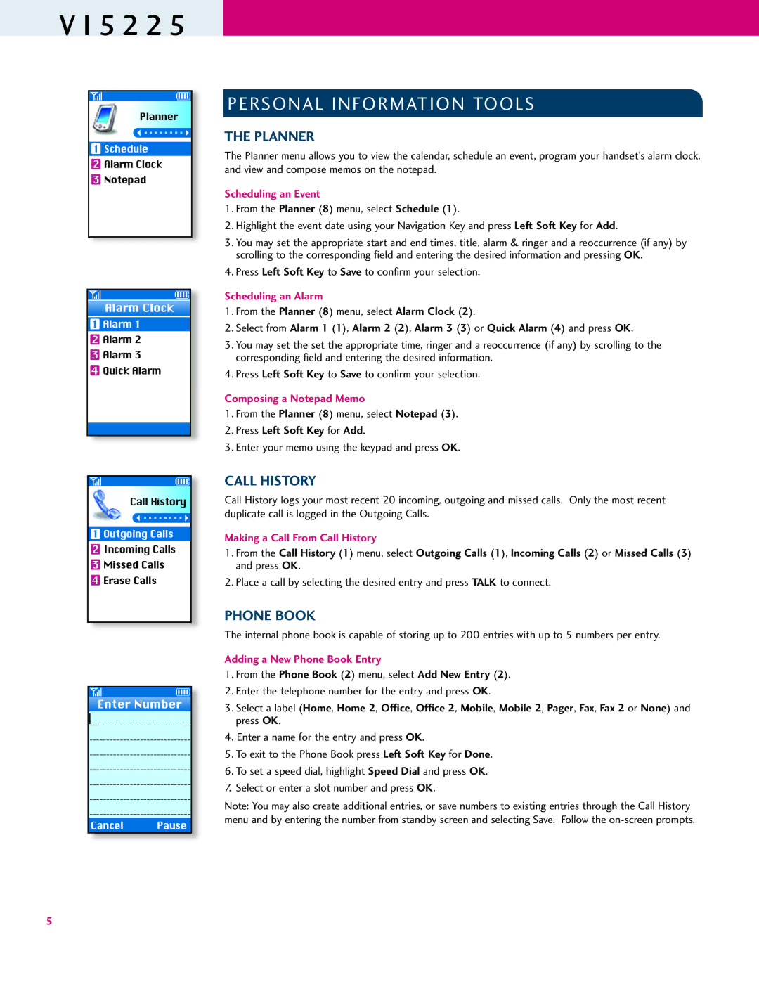 LG Electronics VI5225 manual Personal Information Tools, Planner, Call History, Phone Book 