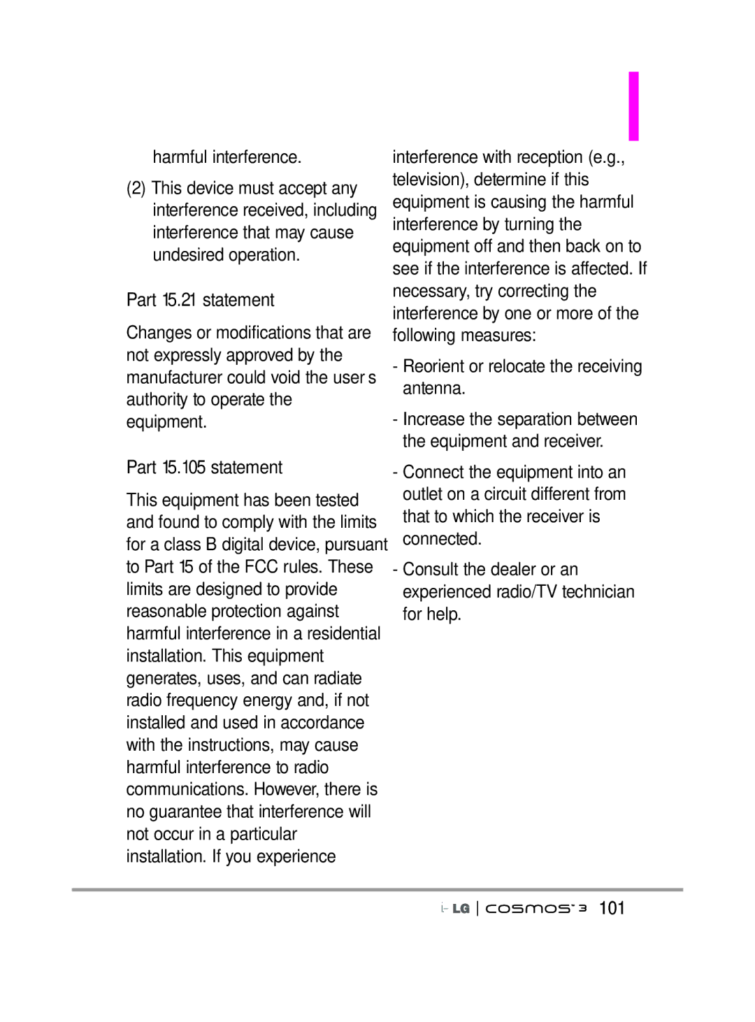 LG Electronics VN251S manual Part 15.21 statement, Part 15.105 statement, Harmful interference 