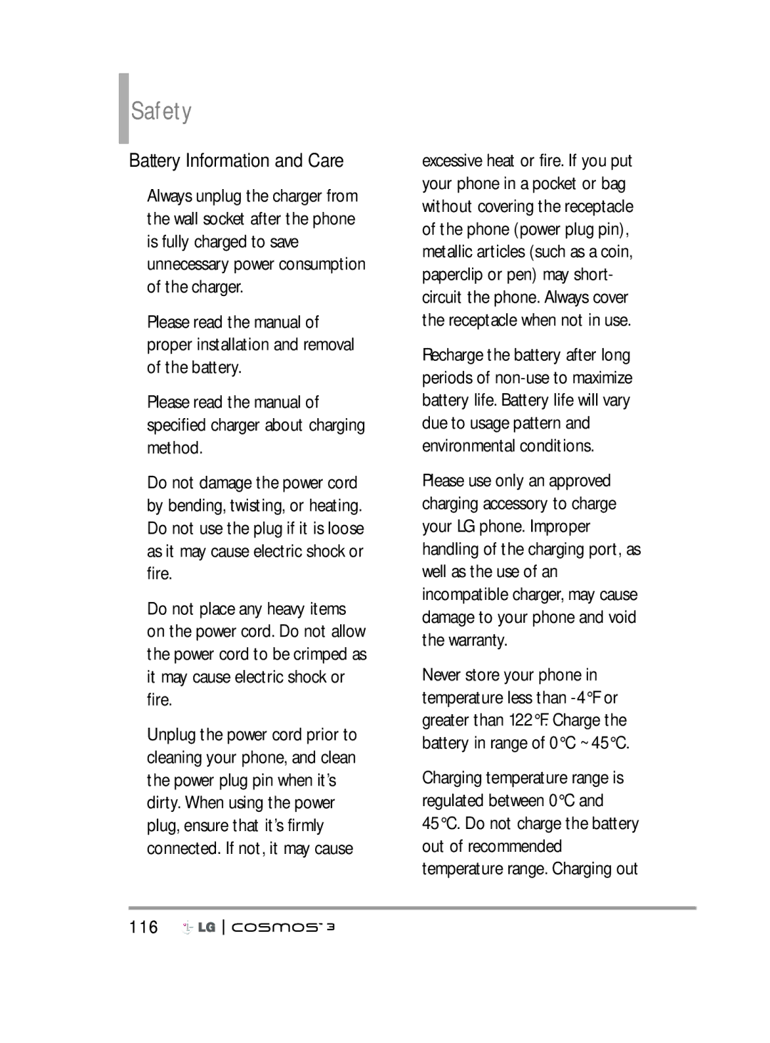 LG Electronics VN251S manual Battery Information and Care, 116 