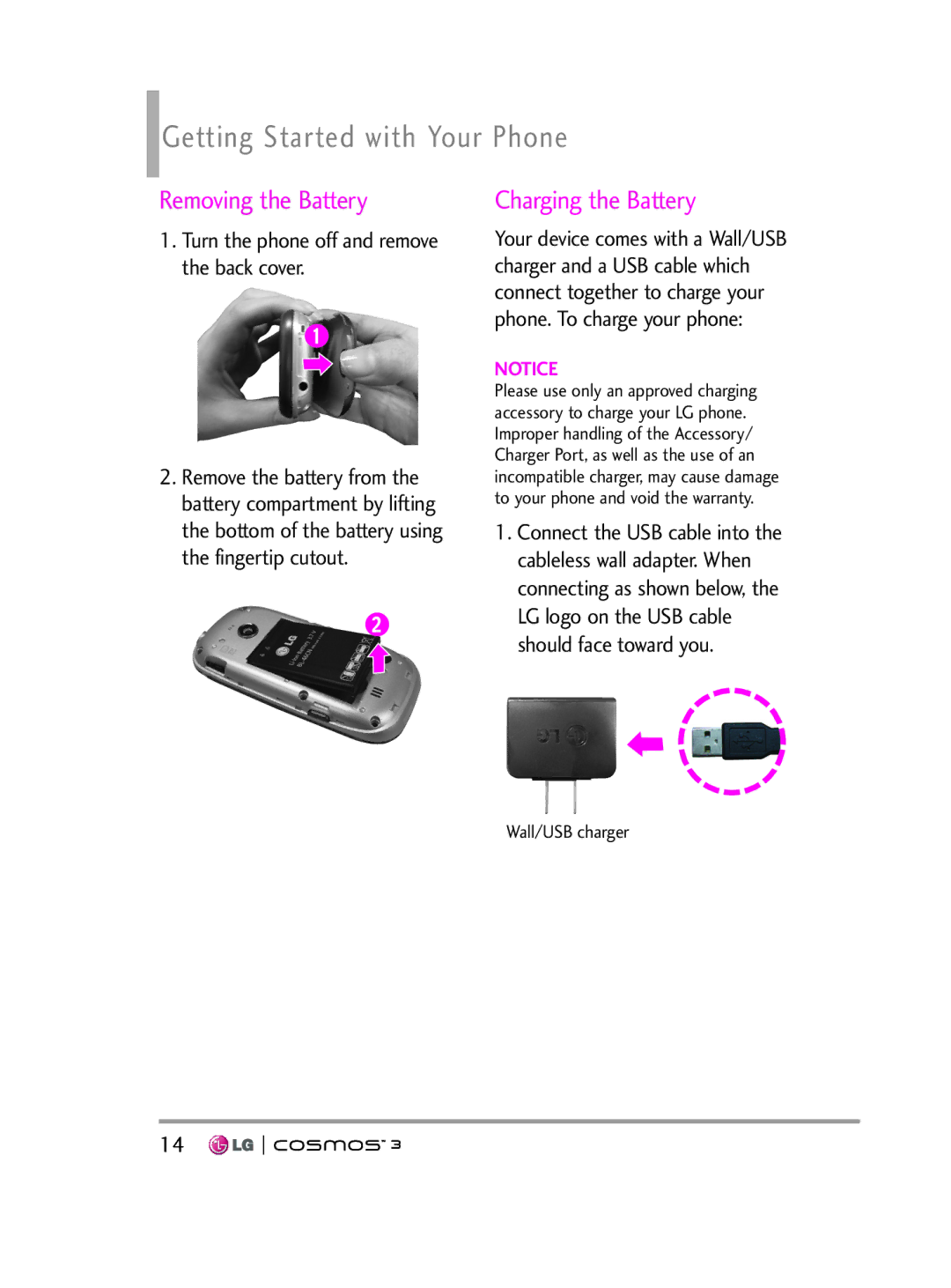 LG Electronics VN251S manual Getting Started with Your Phone, Removing the Battery, Charging the Battery 