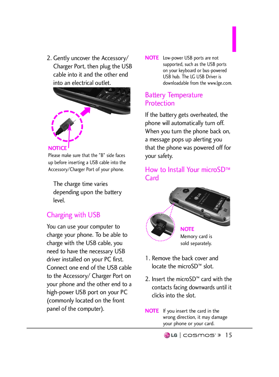 LG Electronics VN251S manual Charging with USB, Battery Temperature Protection, How to Install Your microSD Card 