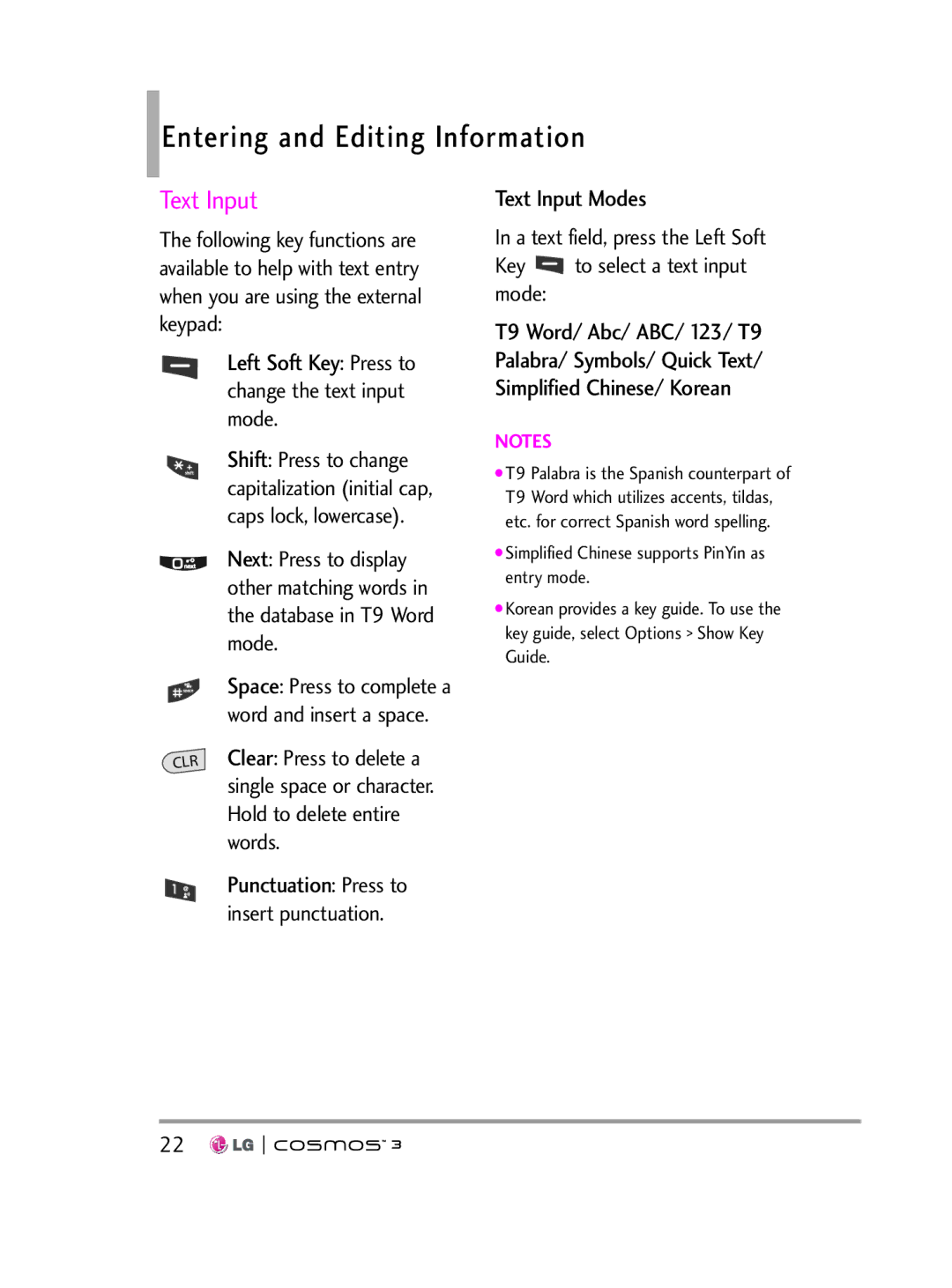 LG Electronics VN251S manual Entering and Editing Information, Text Input Modes 