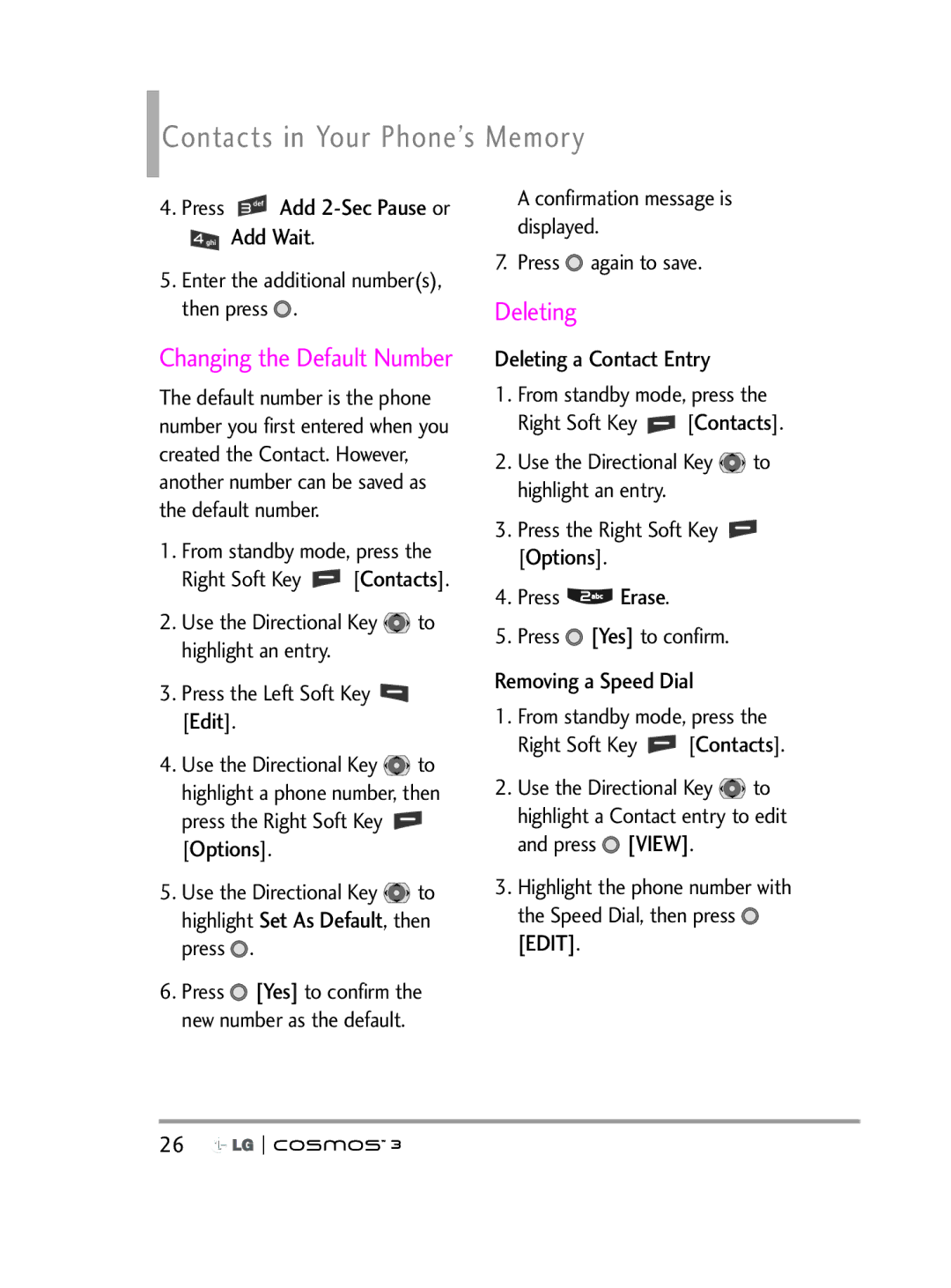 LG Electronics VN251S manual Add Wait, Deleting a Contact Entry, Removing a Speed Dial 