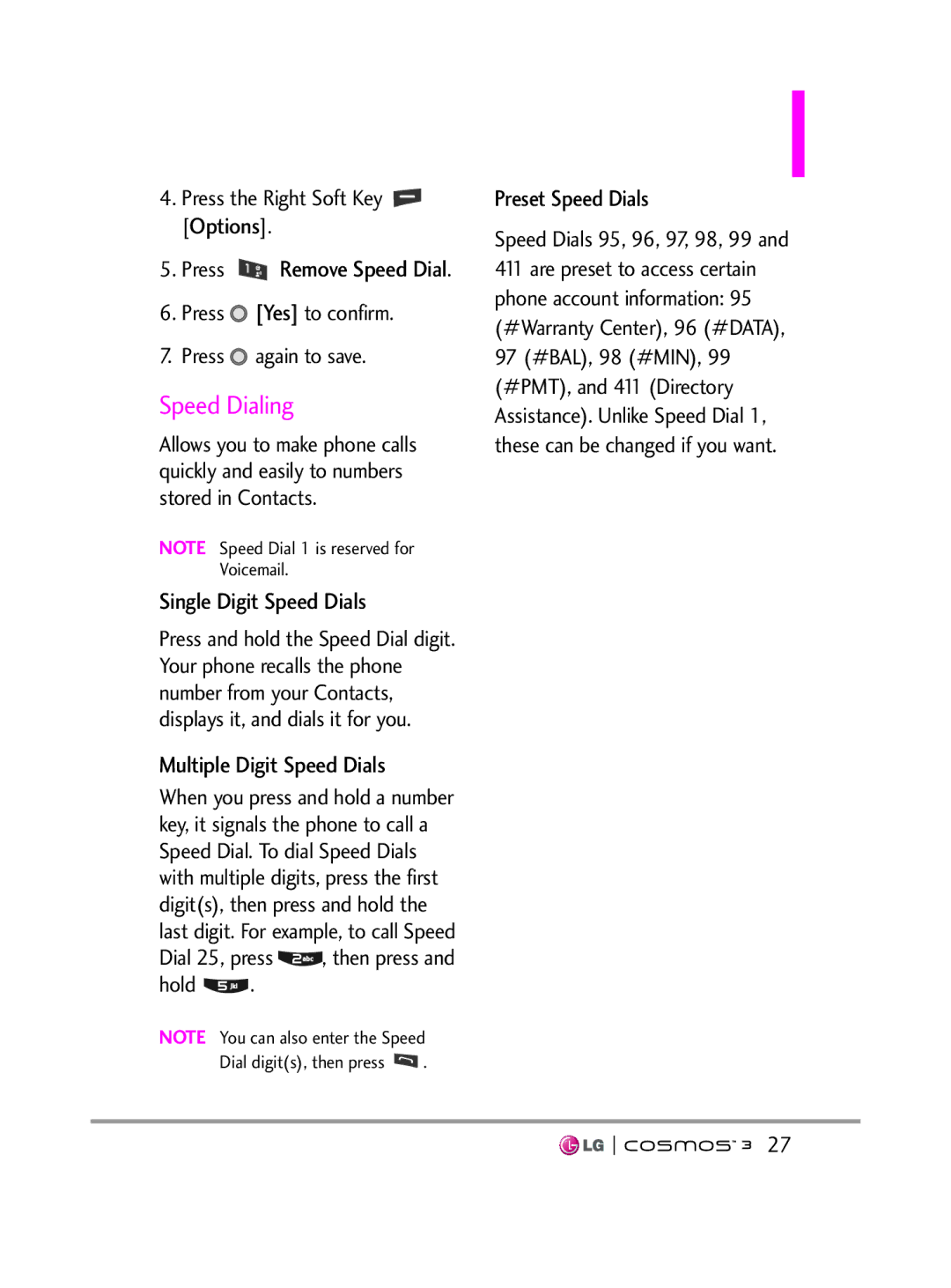 LG Electronics VN251S manual Speed Dialing, Single Digit Speed Dials, Multiple Digit Speed Dials, Preset Speed Dials, Hold 