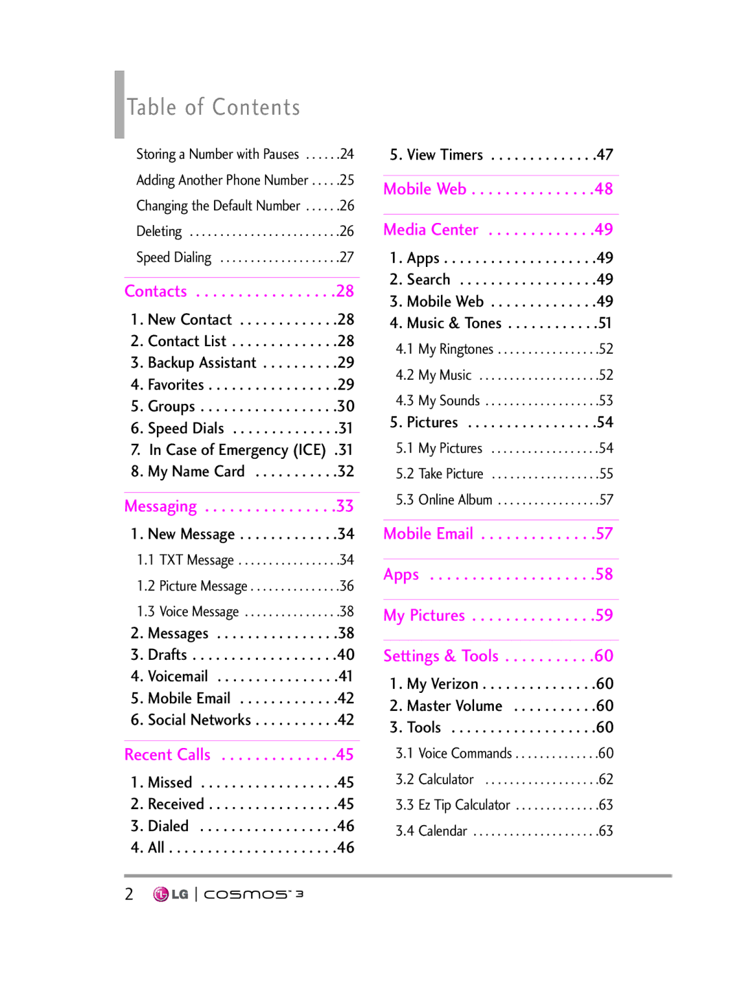 LG Electronics VN251S manual Table of Contents 