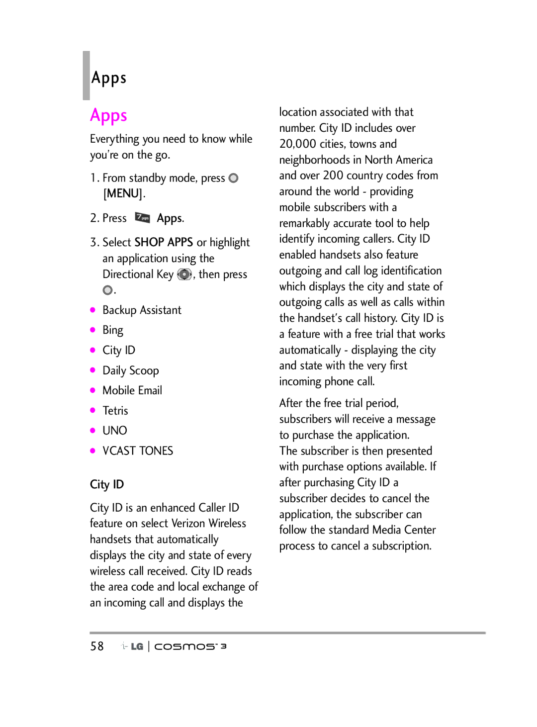 LG Electronics VN251S manual Apps, City ID 