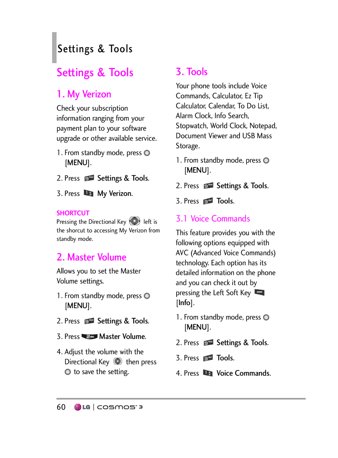 LG Electronics VN251S manual Settings & Tools, My Verizon, Master Volume 