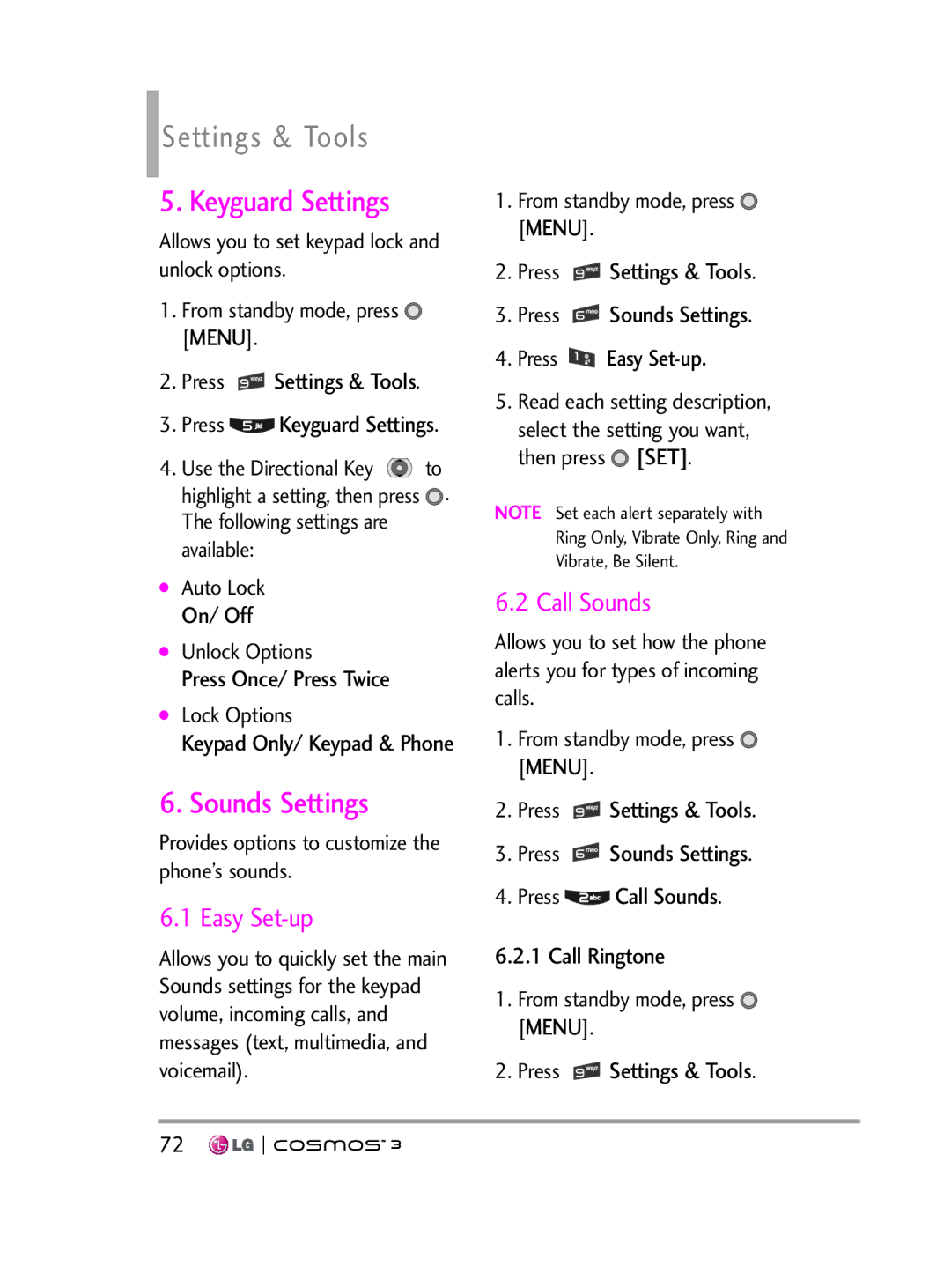 LG Electronics VN251S manual Keyguard Settings, Sounds Settings, Easy Set-up, Call Sounds, Press Once/ Press Twice 