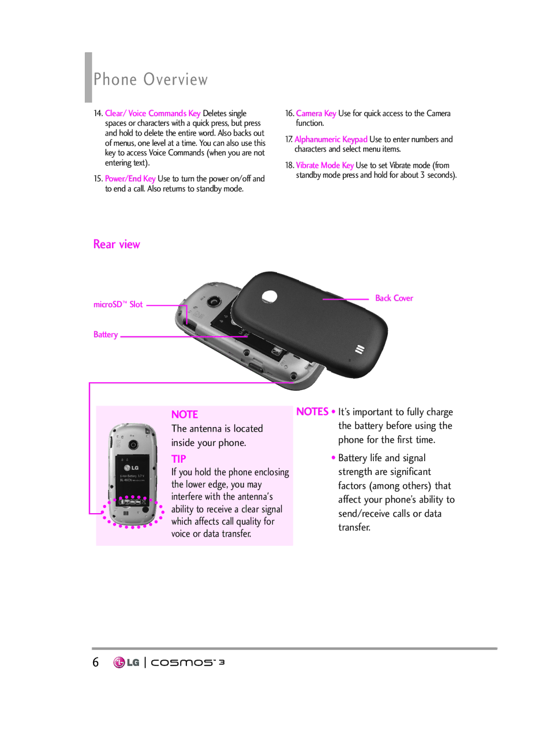 LG Electronics VN251S manual Phone Overview, Camera Key Use for quick access to the Camera function 