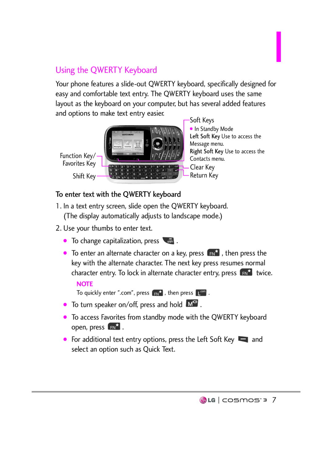 LG Electronics VN251S manual Using the Qwerty Keyboard, To enter text with the Qwerty keyboard, Shift Key Soft Keys 