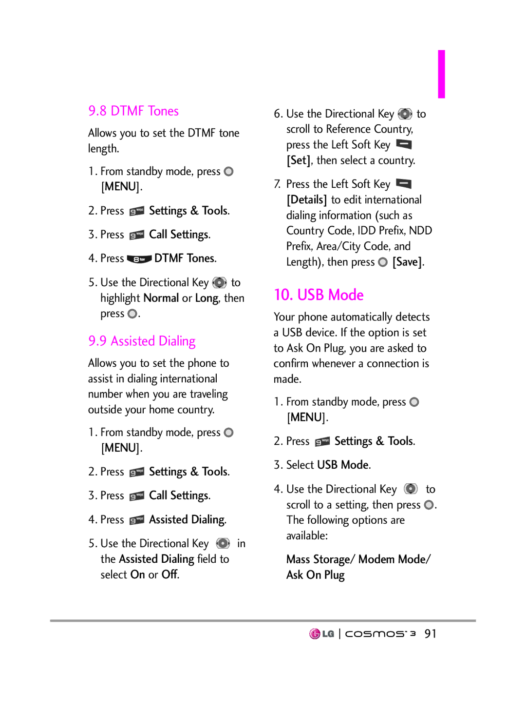 LG Electronics VN251S manual USB Mode, Assisted Dialing, Press Settings & Tools Press Call Settings Press Dtmf Tones 