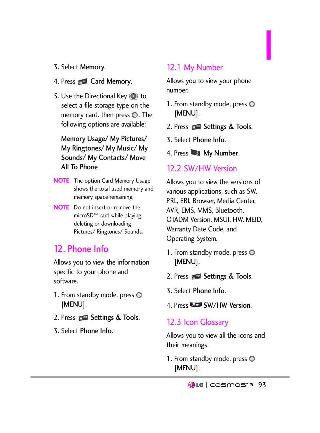 LG Electronics VN251S manual Phone Info, My Number, 12.2 SW/HW Version, Icon Glossary 