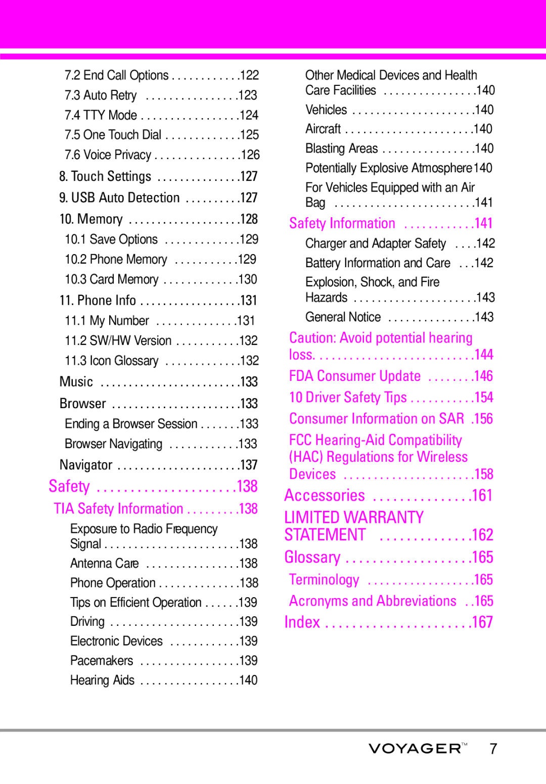 LG Electronics Voyager manual Safety Information, Exposure to Radio Frequency, Potentially Explosive Atmosphere140 