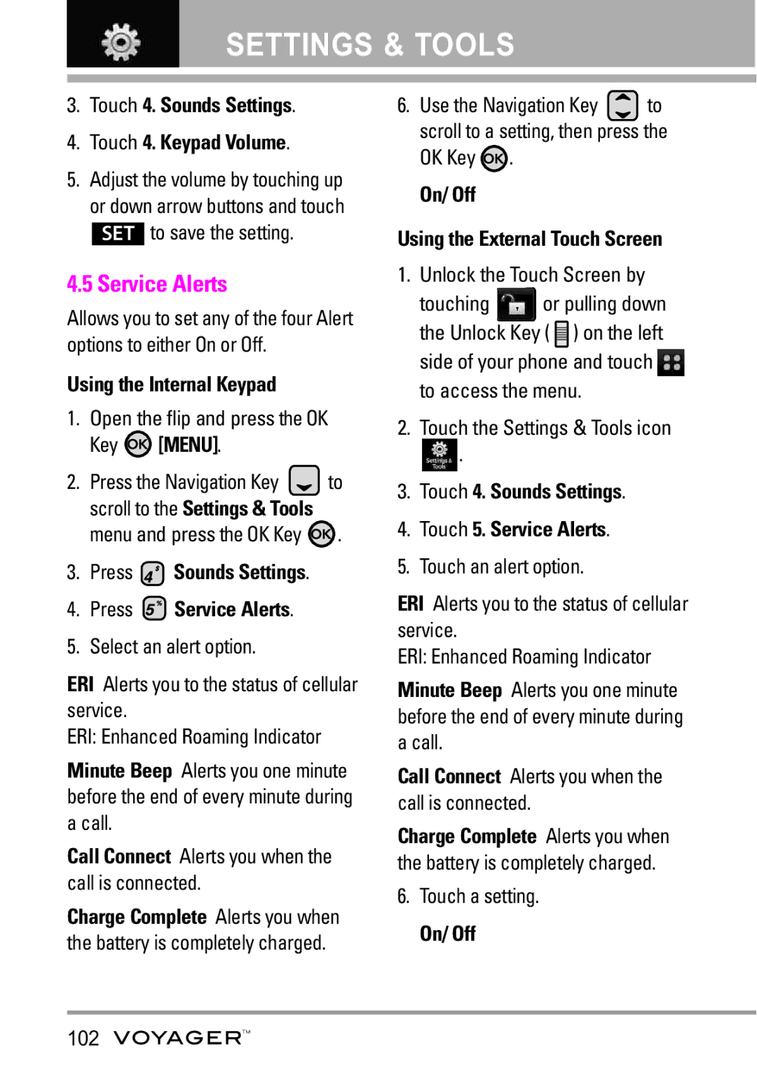 LG Electronics Voyager manual Service Alerts, Touch 4. Sounds Settings Touch 4. Keypad Volume 
